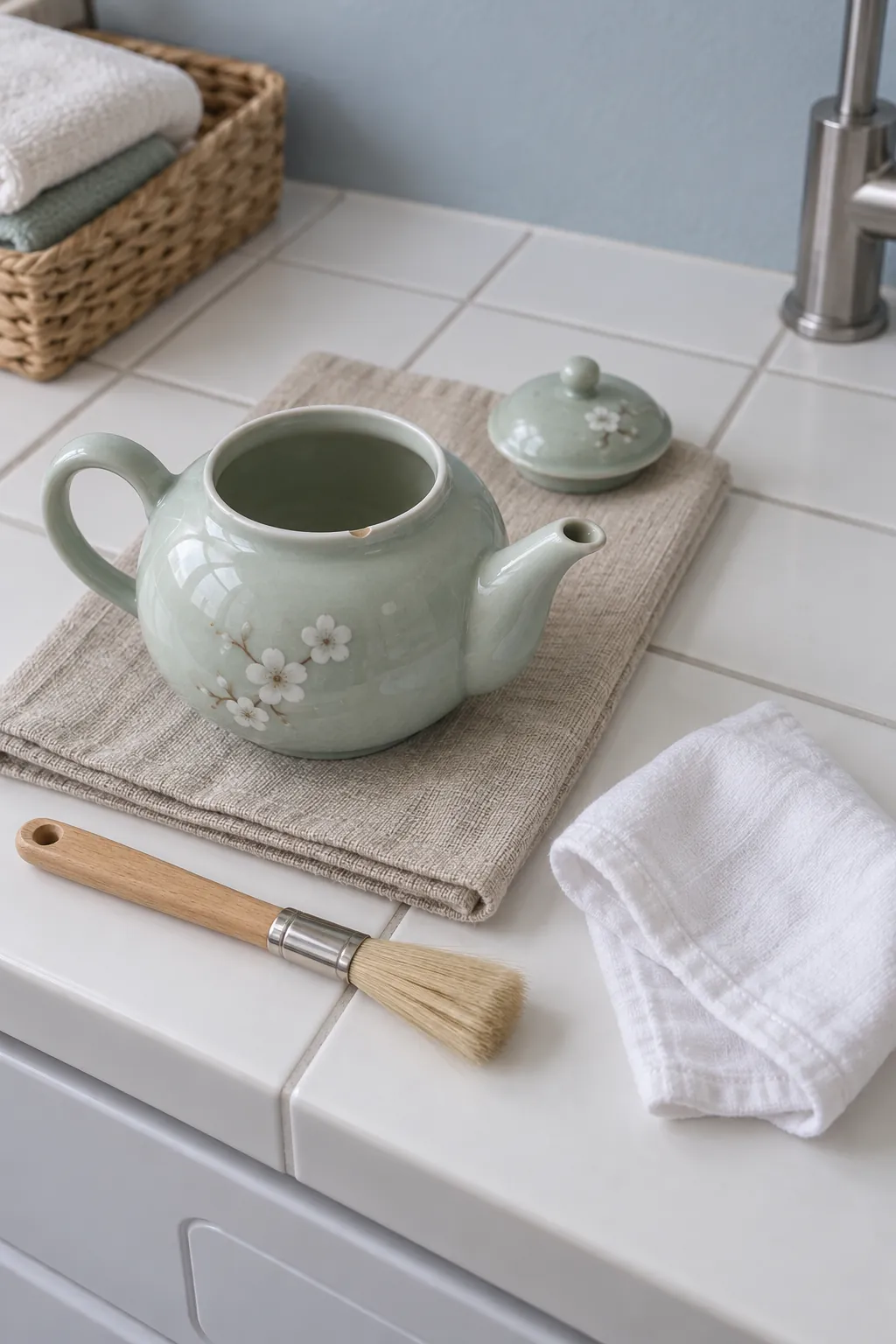 Empty vintage teapot beside a soft cleaning cloth and brush