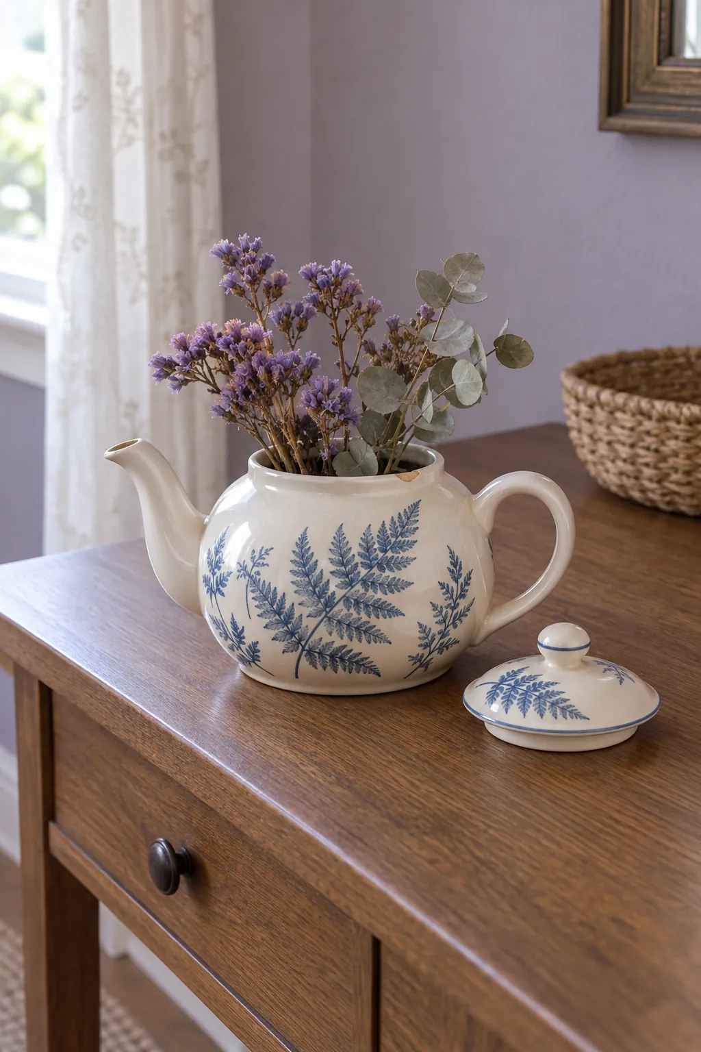 Chipped vintage teapot repurposed as a dry flower display on an entryway console