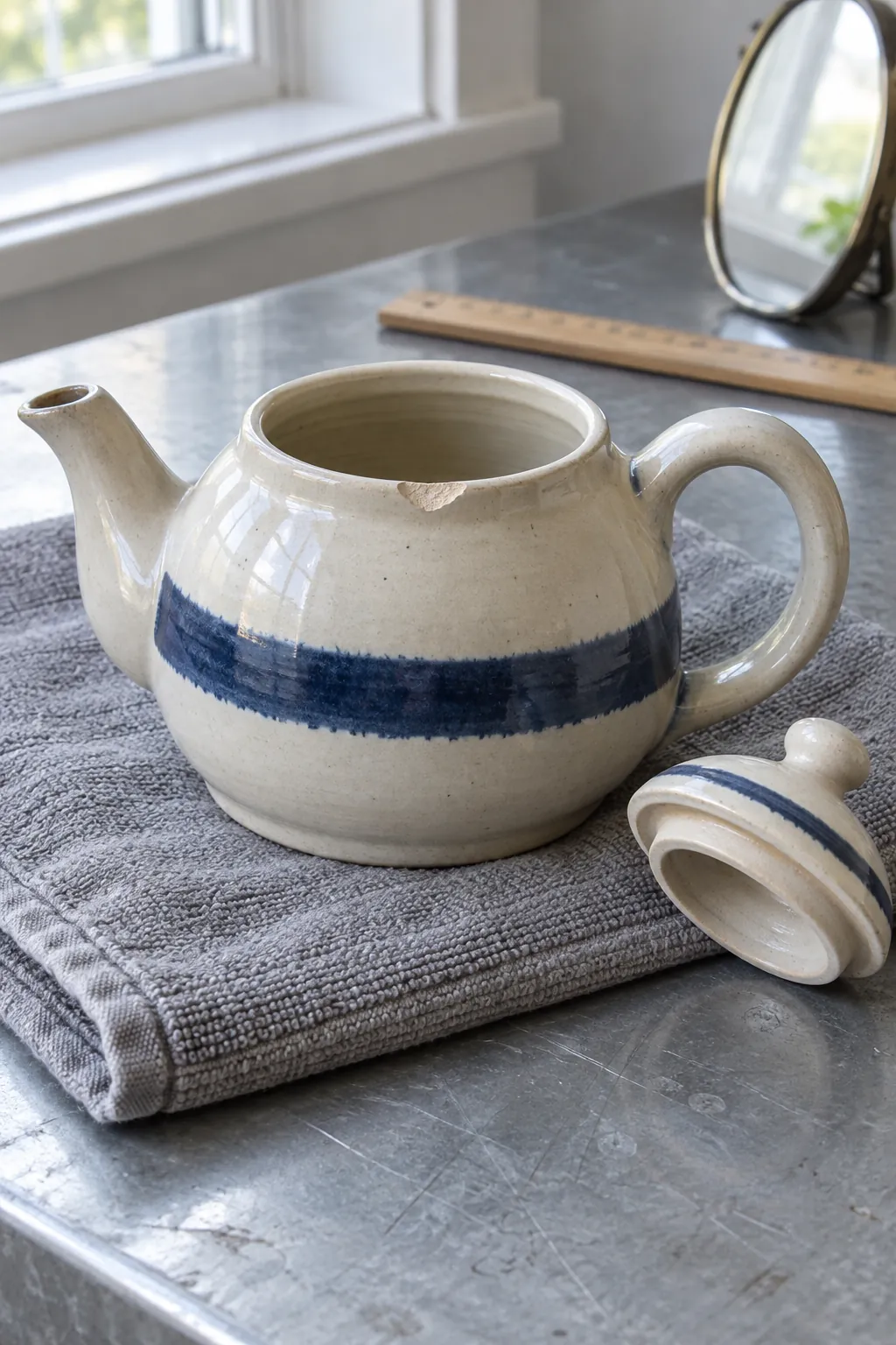 Small chip at the rim of a stable ceramic teapot on a padded inspection surface