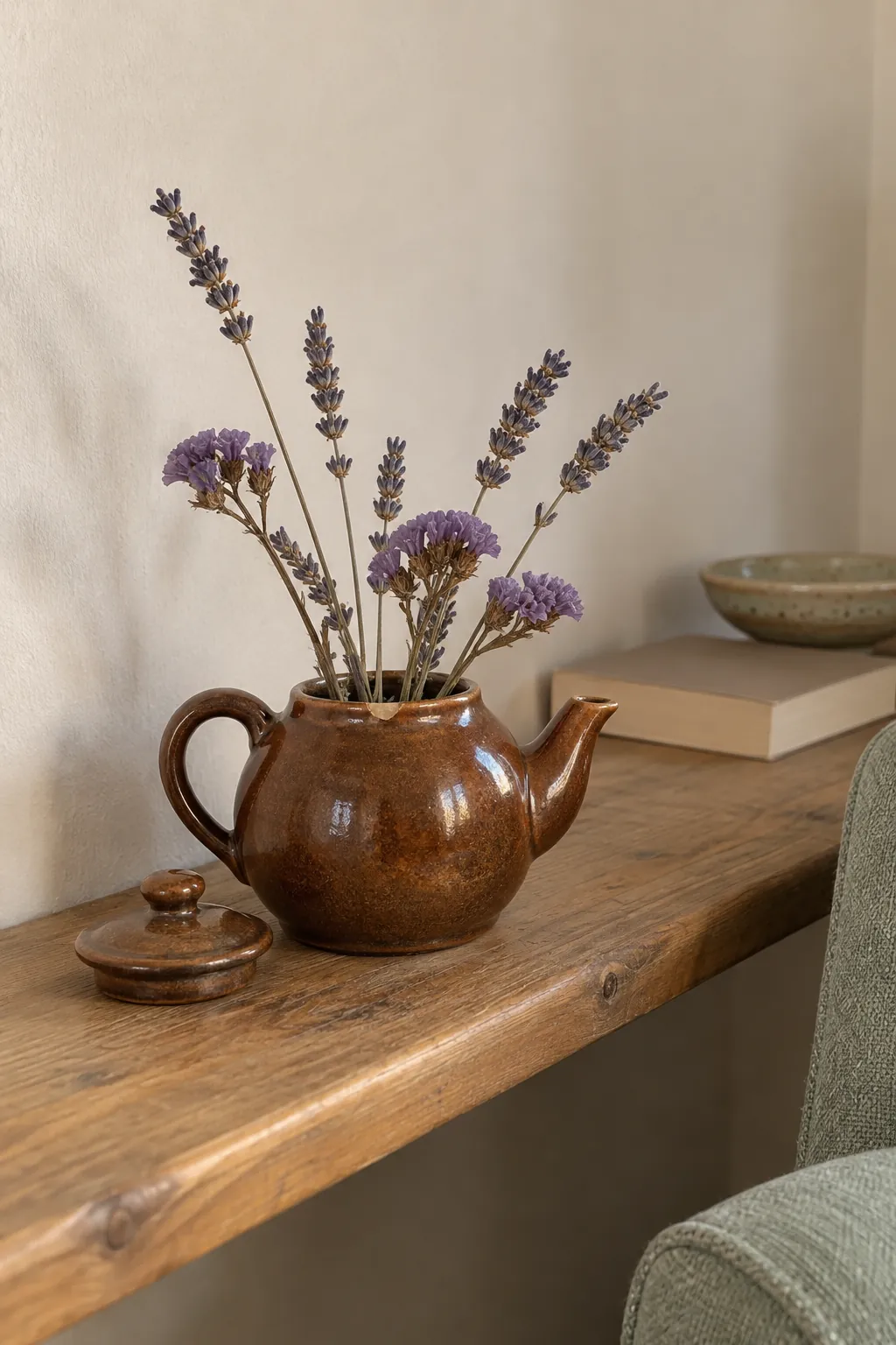 Chipped teapot holding a short arrangement of dried lavender and statice