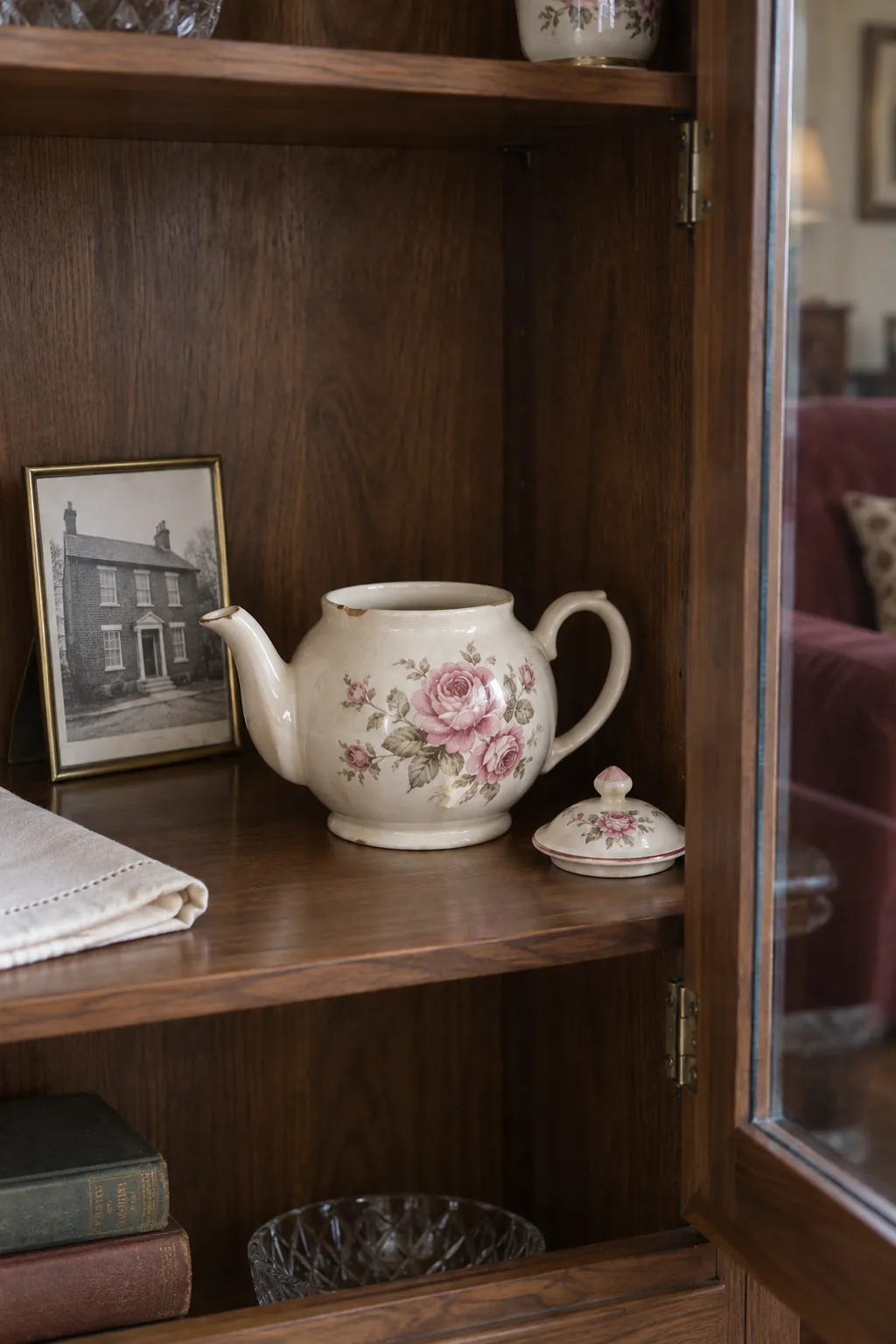 Sentimental teapot and matching lid displayed safely inside a cabinet