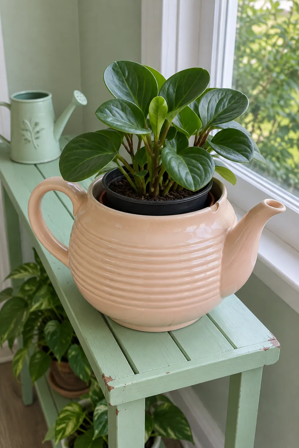 Small nursery plant in a removable pot inside a ceramic teapot cover