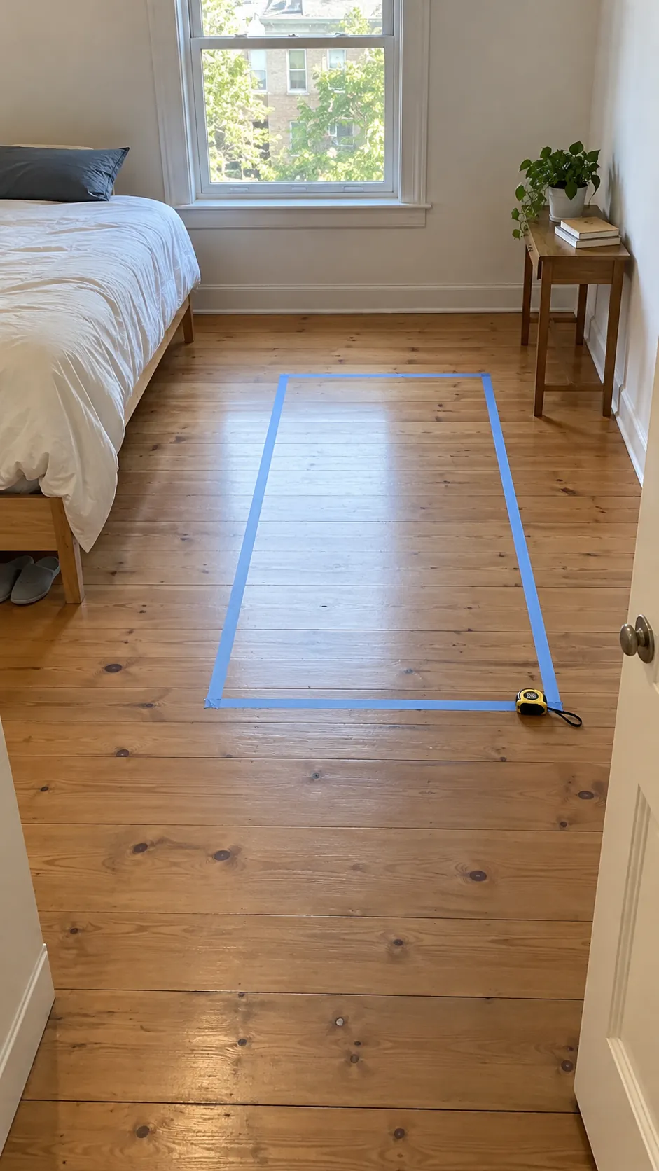 Studio floor with removable tape marking a short divider footprint