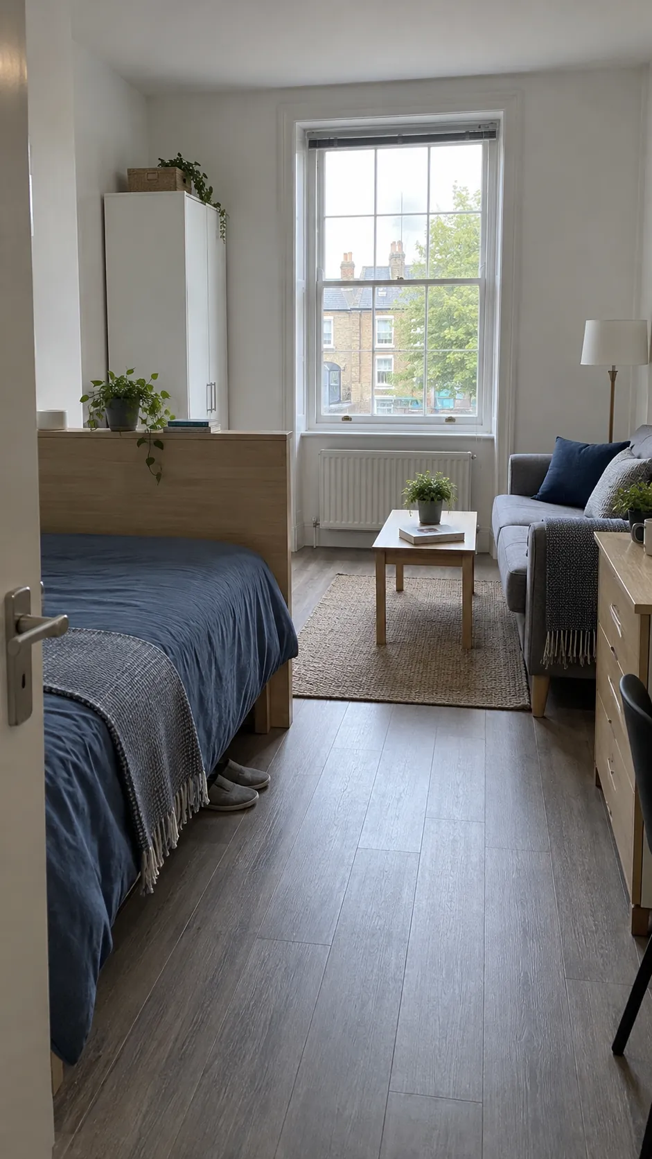 Studio bed and sitting area divided by low furniture with the only window left clear