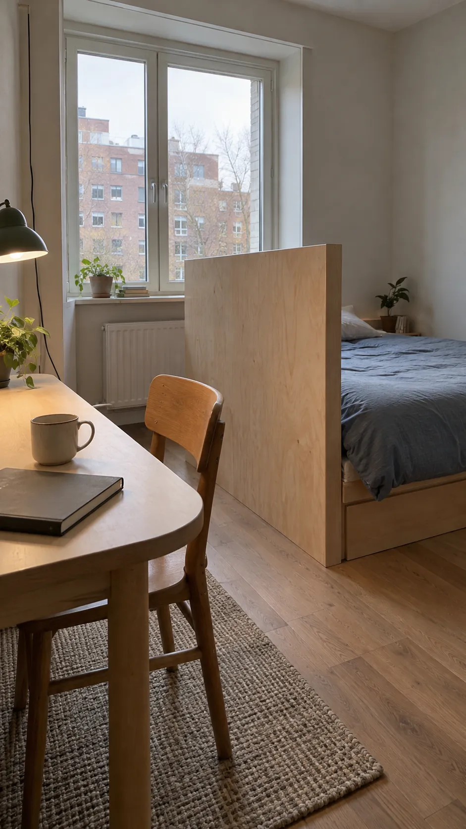 Short studio divider perpendicular to the only window wall