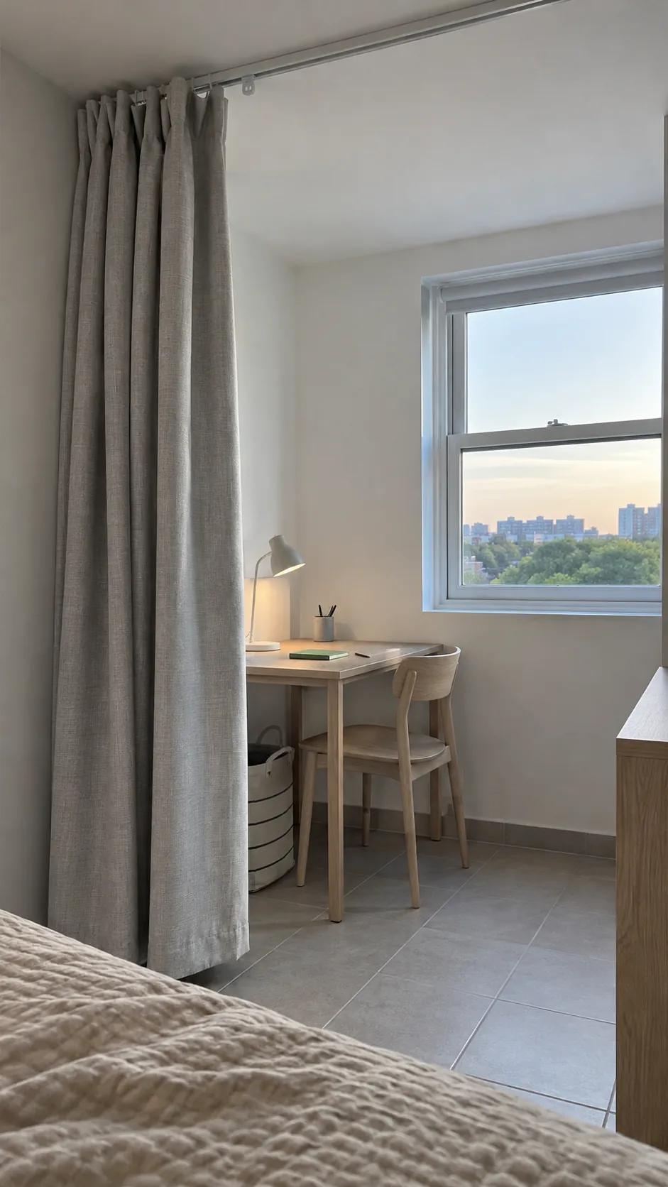 Open bed curtain parked away from the window