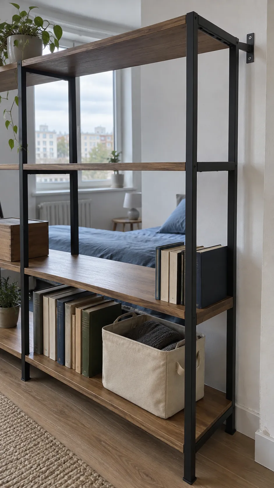 Sparse open shelving beside a studio sleeping zone