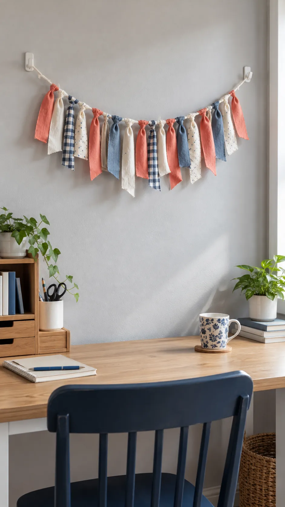 Fabric strips knotted onto cord above a craft desk