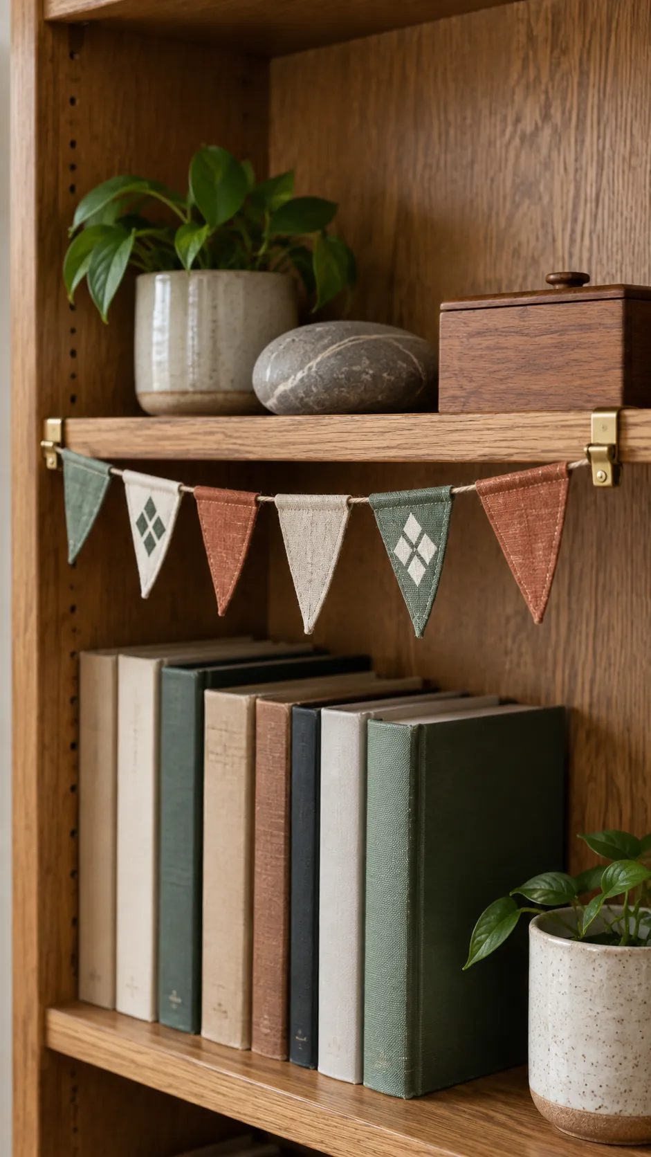 Small fabric triangles clipped to a shelf garland