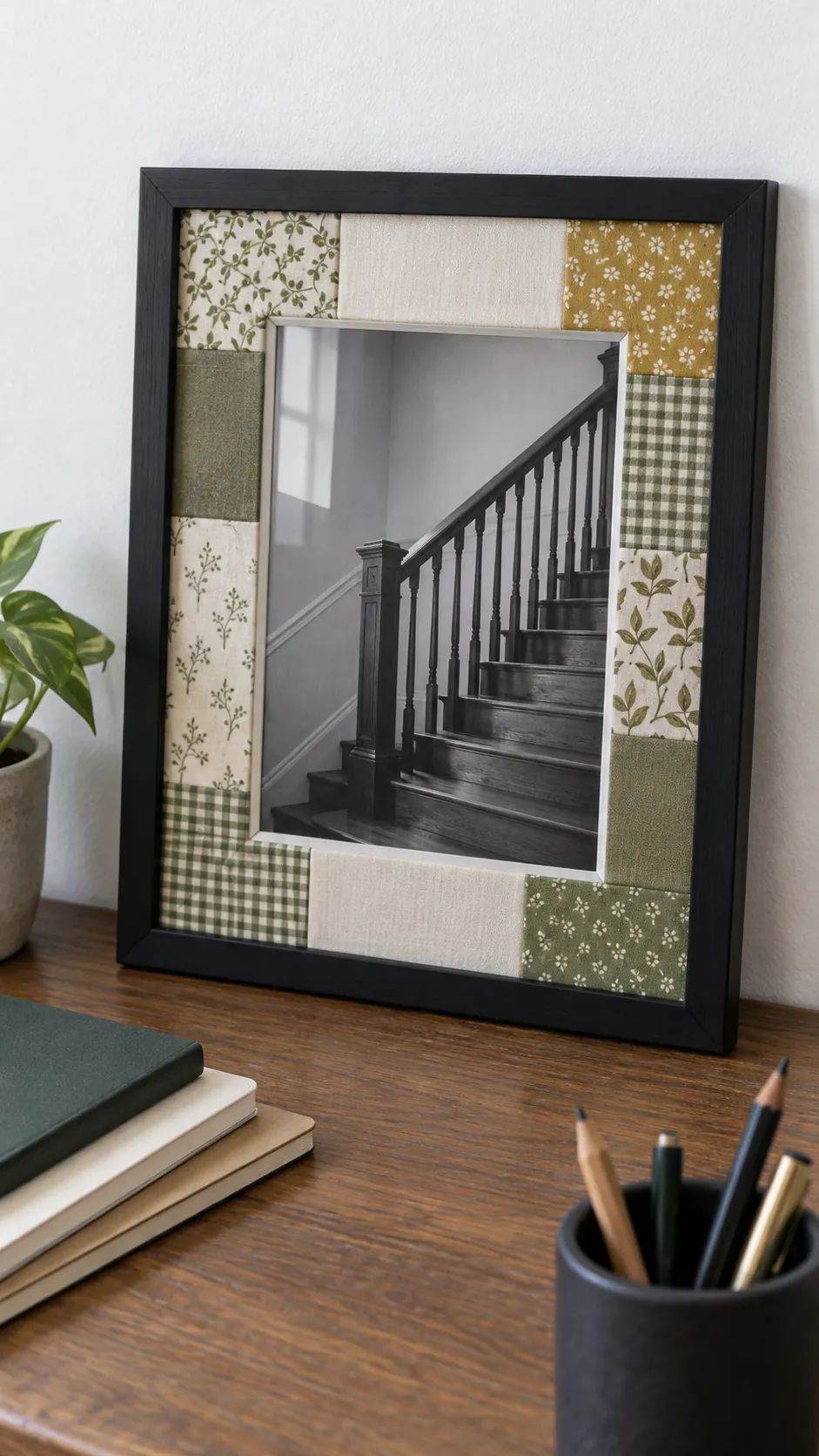 Small fabric rectangles creating a border around a photograph mat