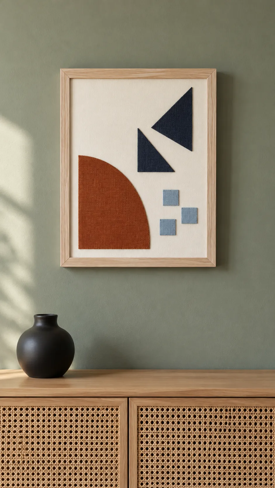 Geometric fabric shapes arranged as small framed textile art