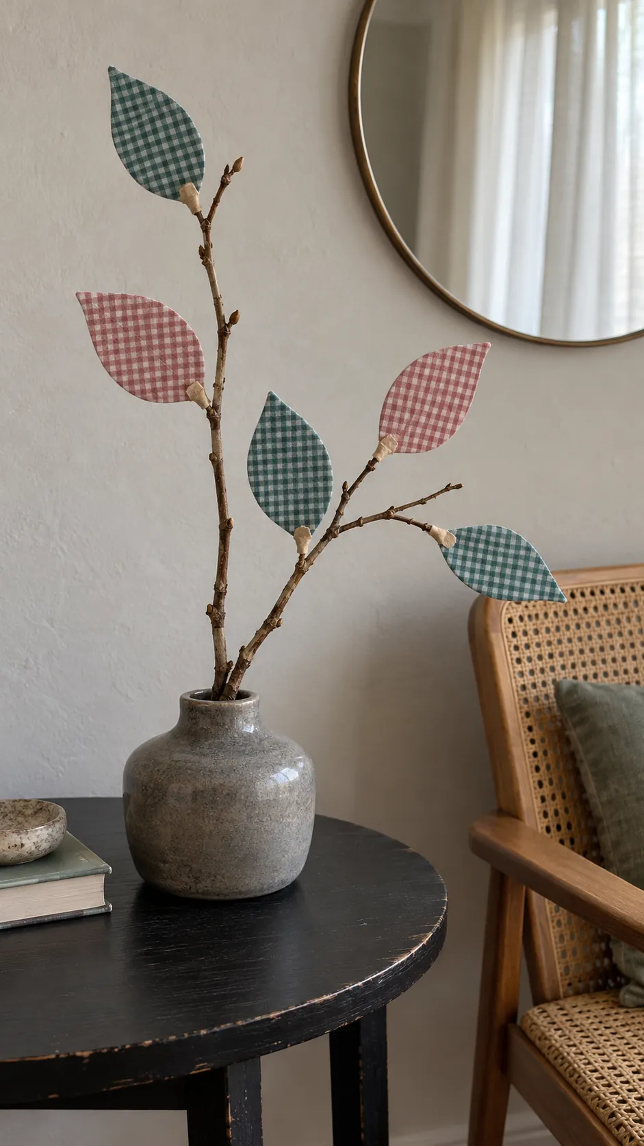 Fabric leaf shapes attached to a small dry branch