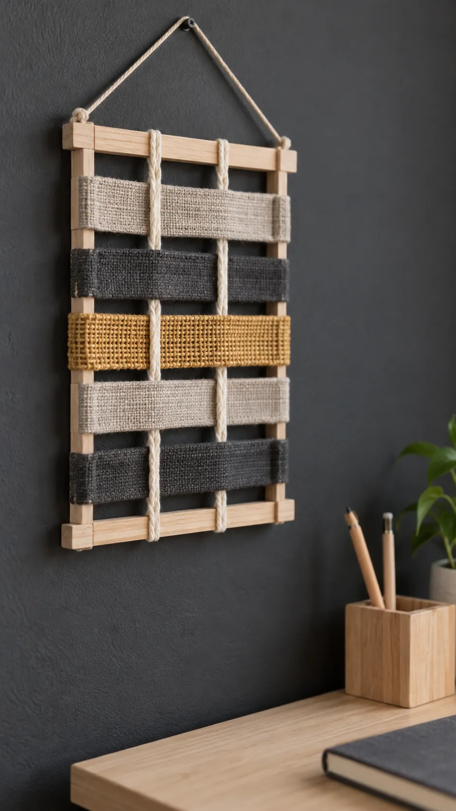 Short fabric strips woven through a small wooden grid