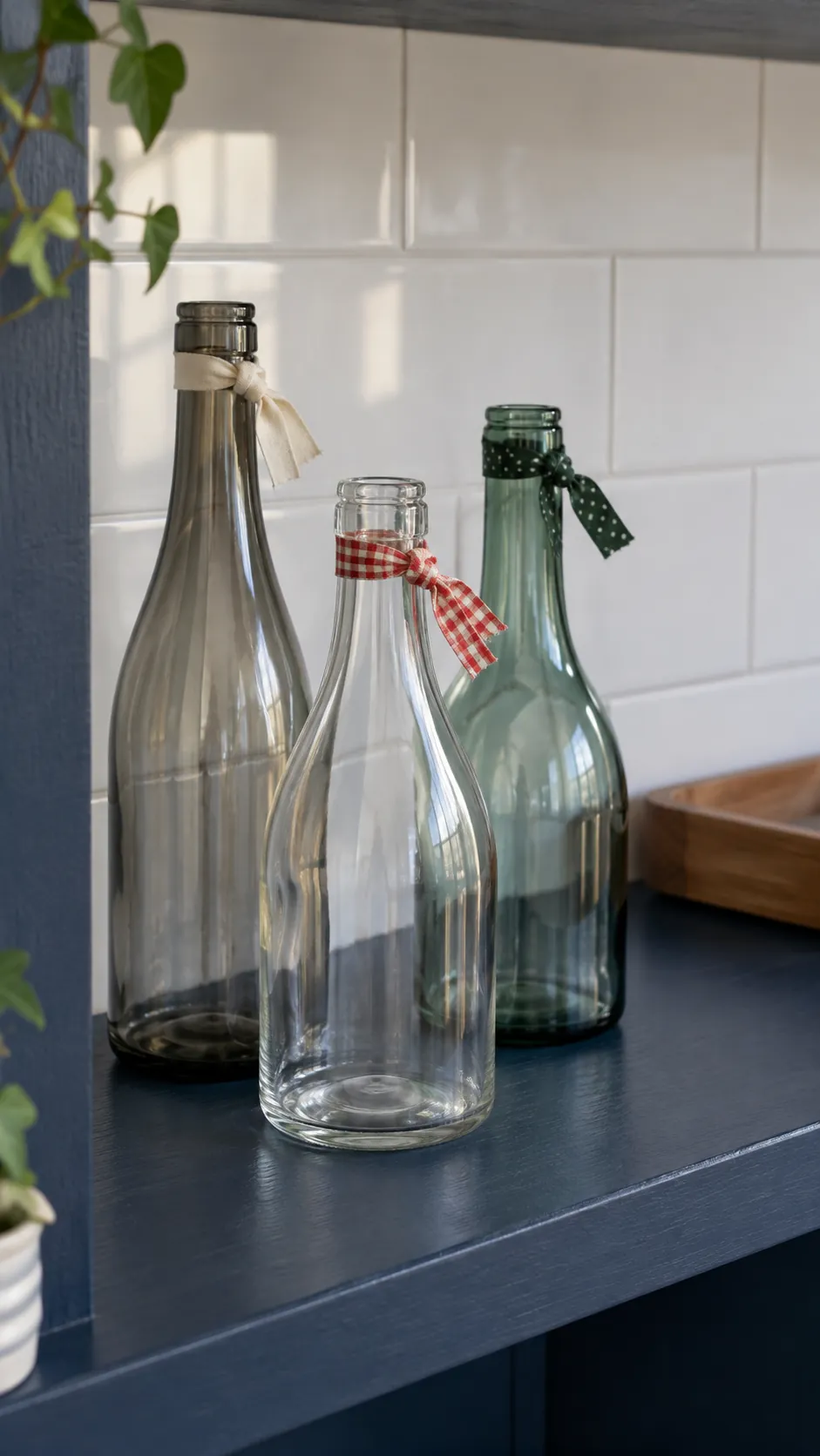 Short patterned fabric ties around empty decorative bottles