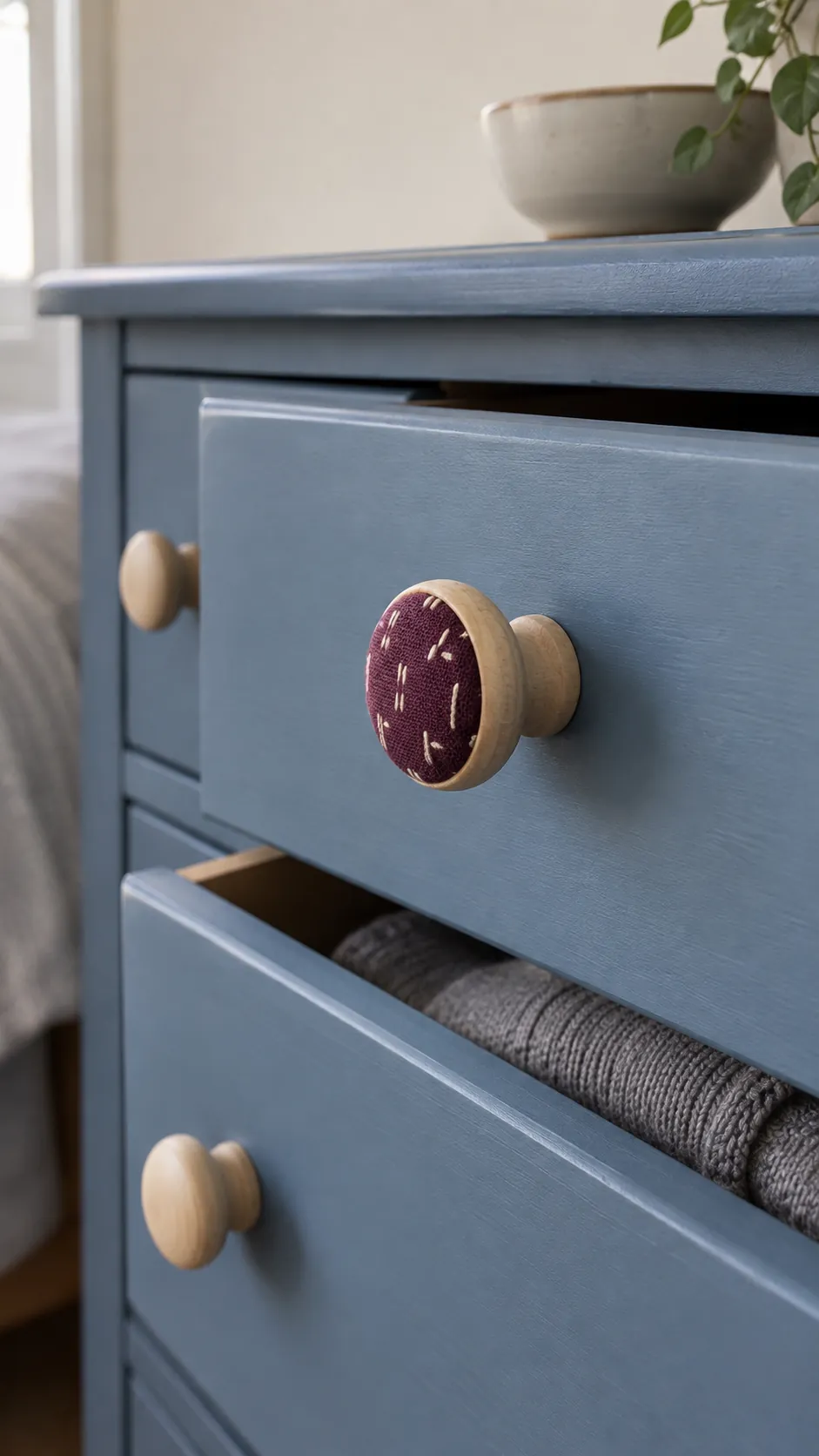 Small textile patch on the face of a wooden drawer knob