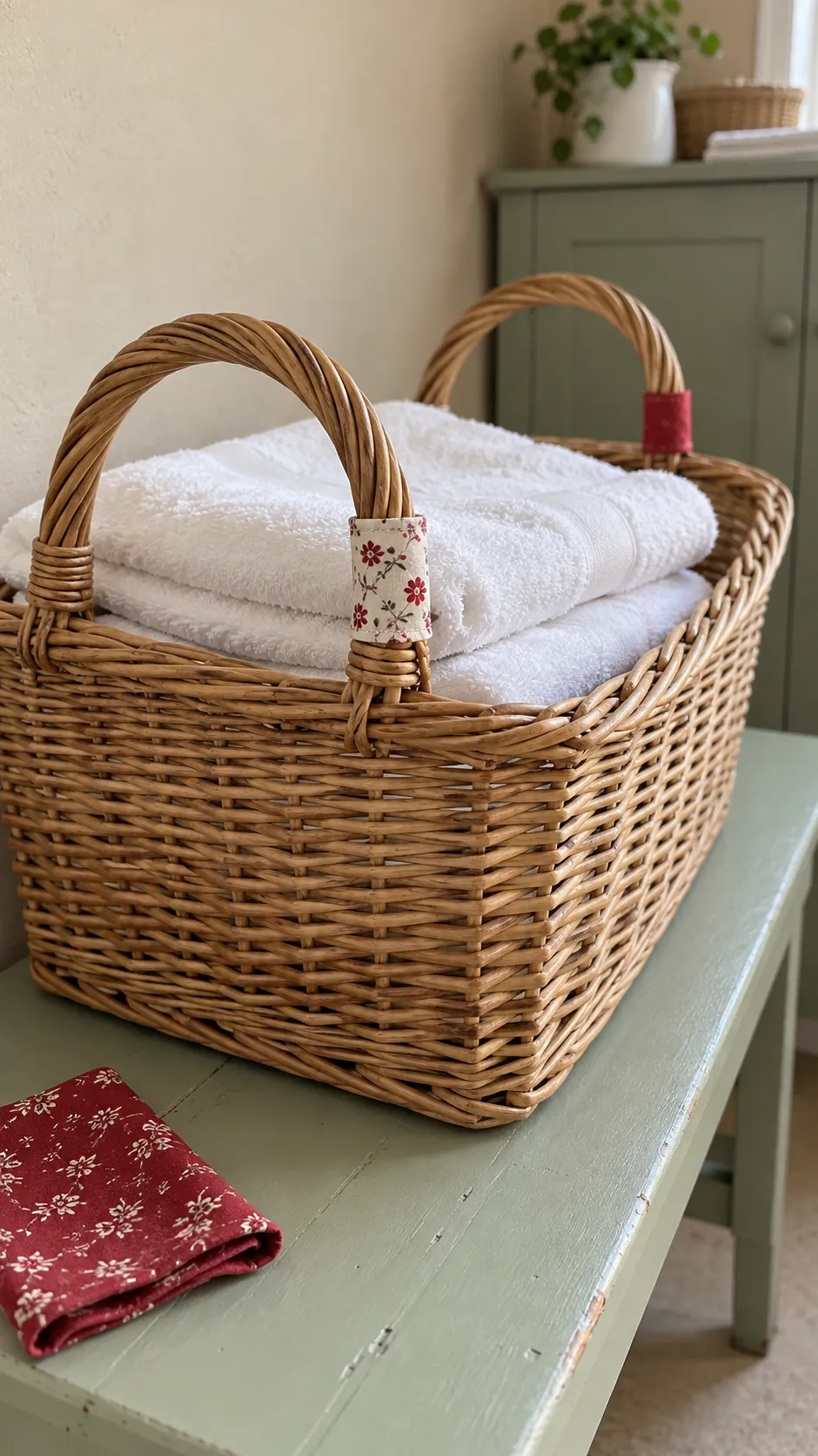 Short fabric wraps decorating a storage basket handle