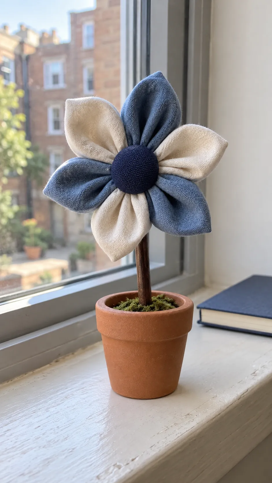 Folded fabric flower on a small freestanding decorative stem