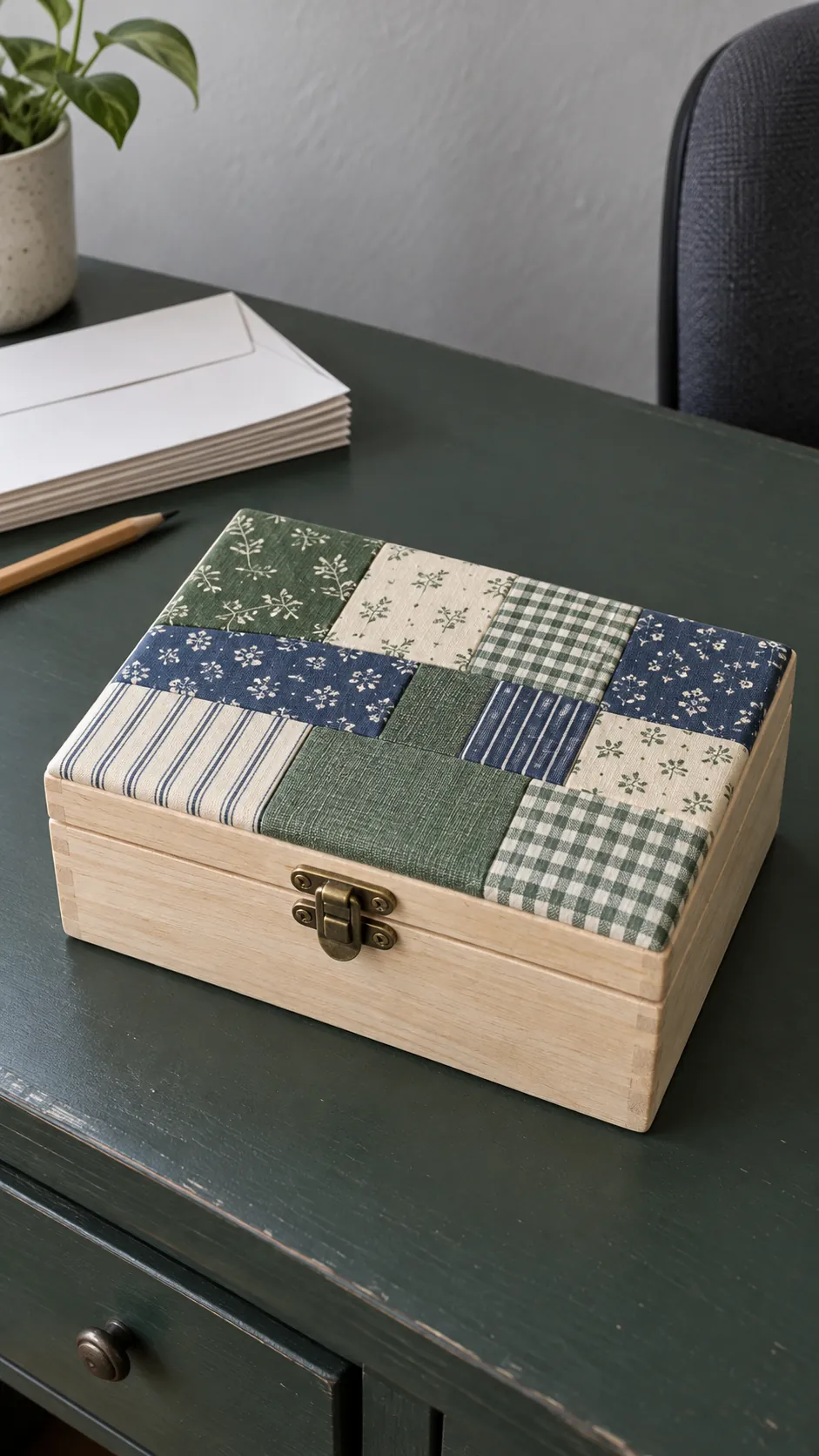 Small wooden box with a lid covered in fabric patches