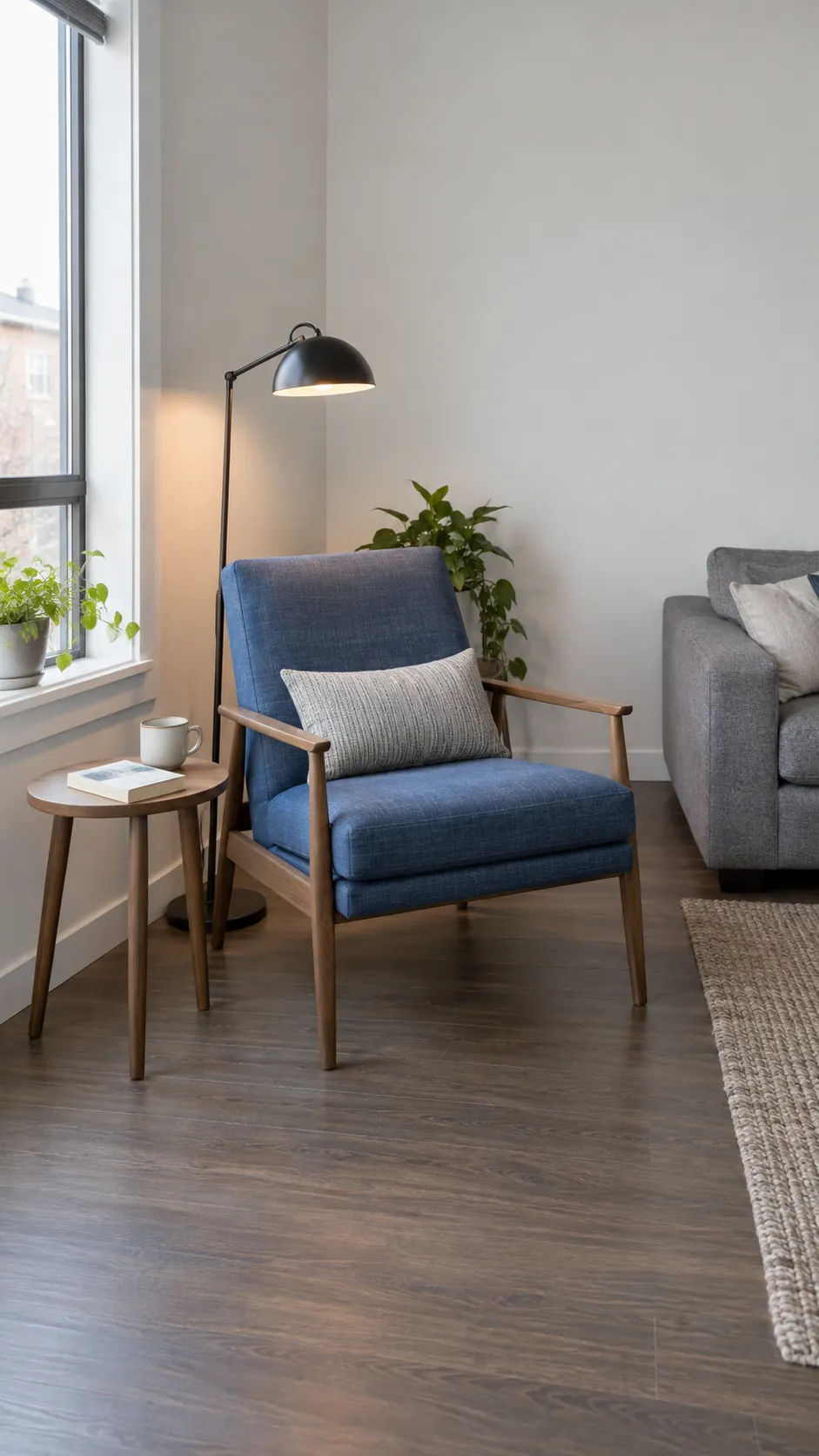 Slim reading chair with a small table and lamp in a compact living room