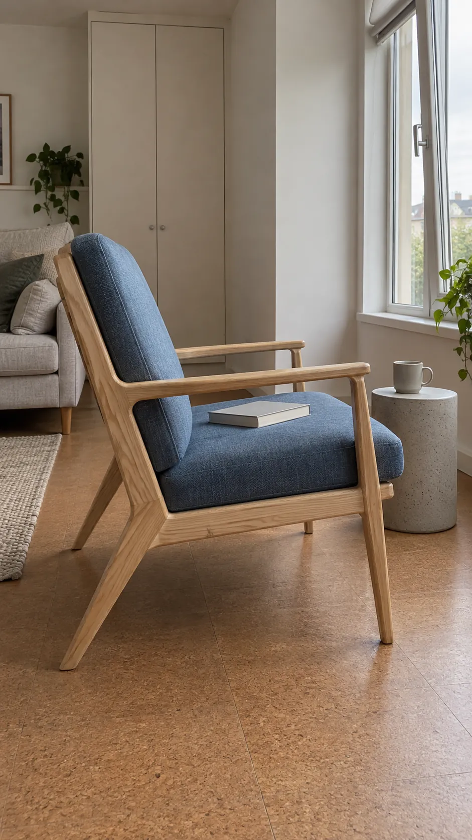 Exposed wood chair near a window in a small living room