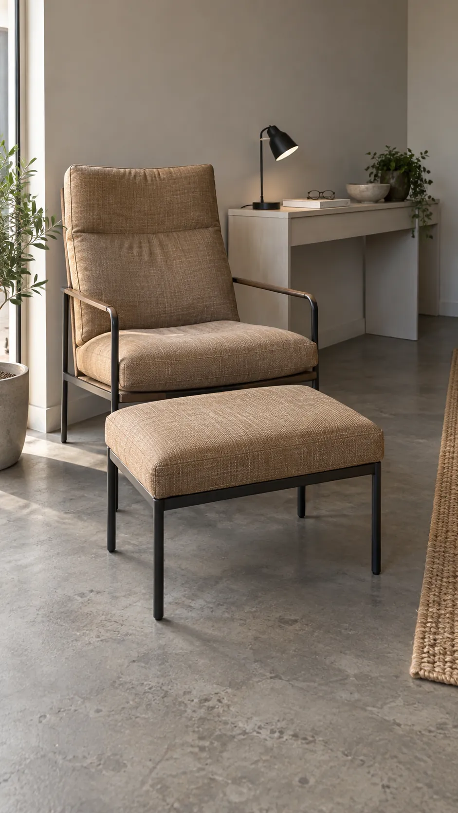 Upright lounge chair and footstool in a small living room