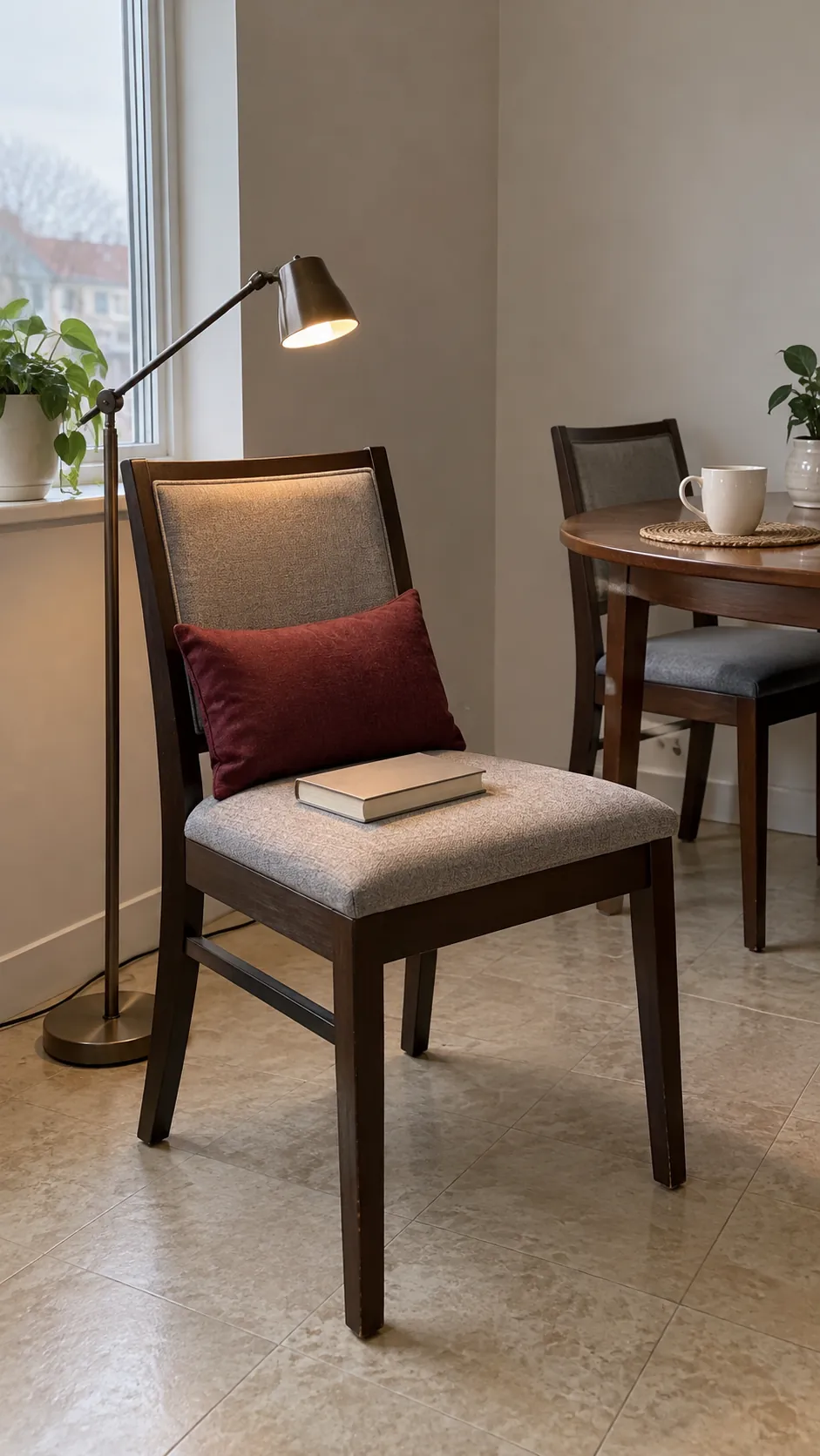 Padded dining chair used for reading in a small living room
