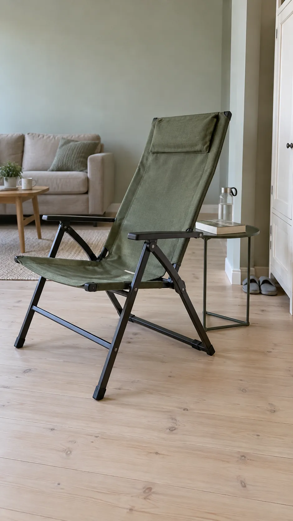 Folding lounge chair and storage space in a small living room