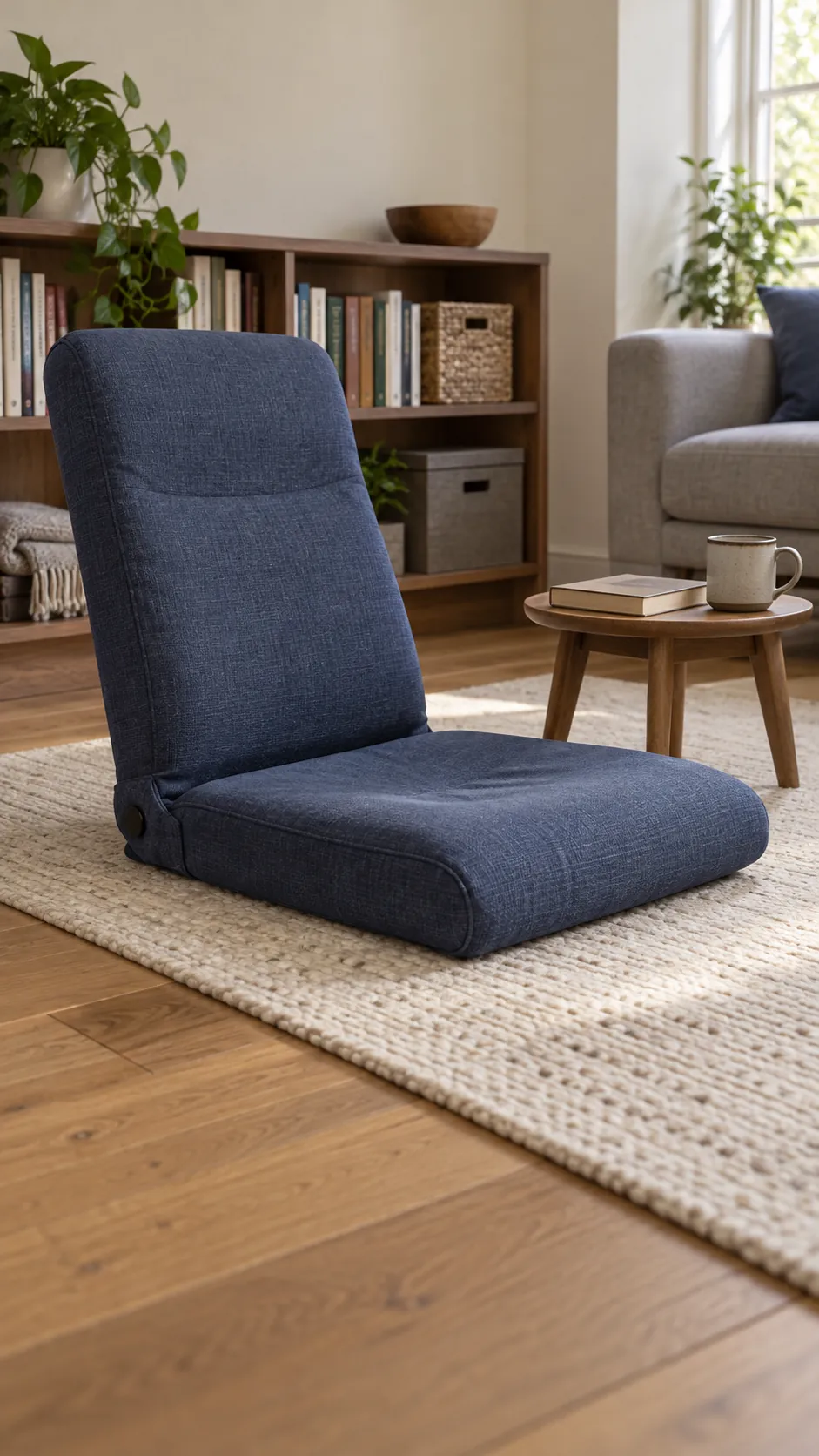 Supported floor chair with leg room in a small living room