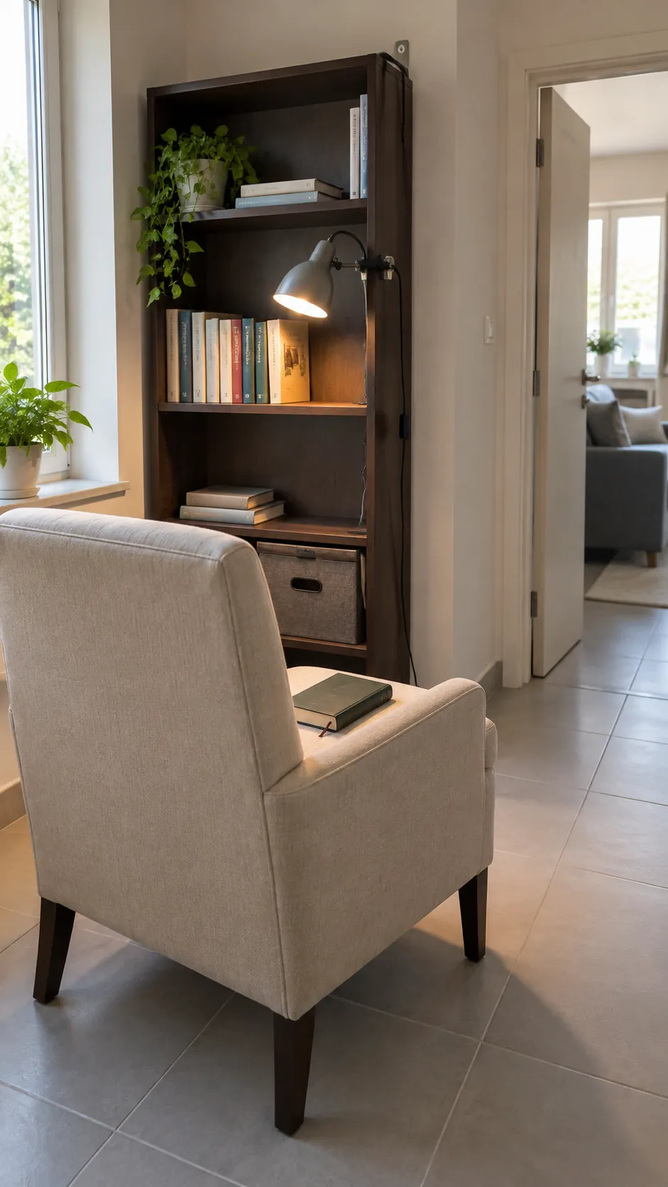 Chair and shallow bookcase in a small living room