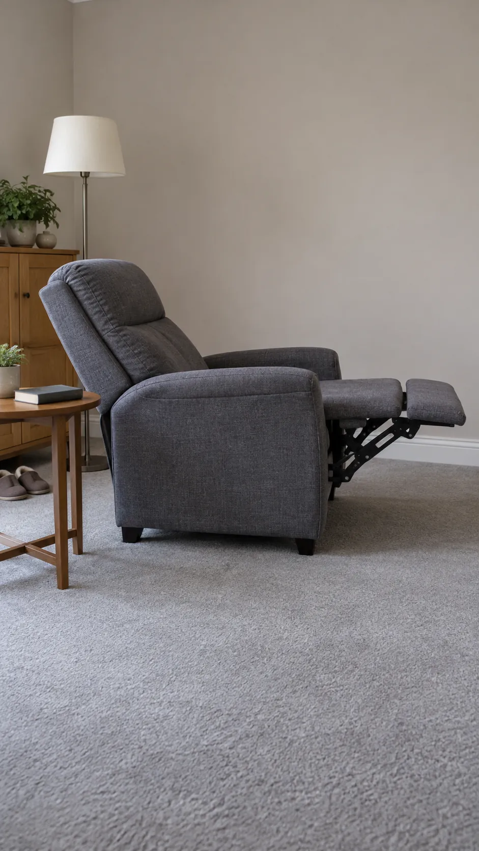 Compact recliner shown fully open in a small living room