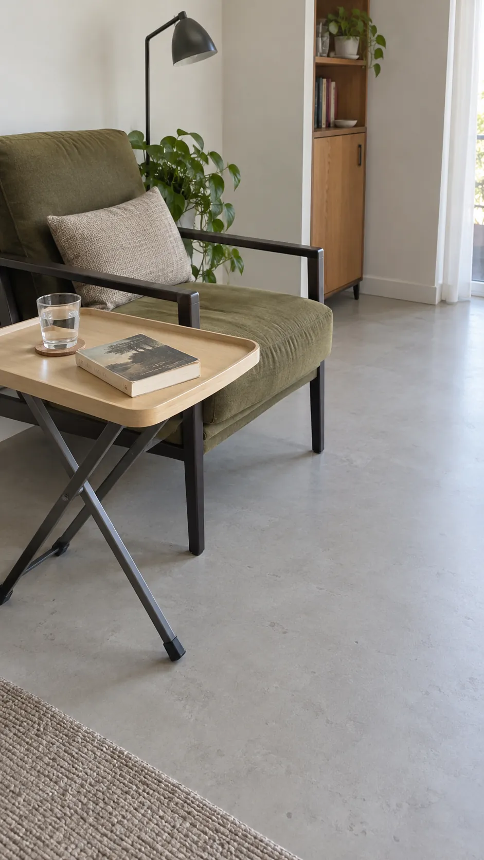 Reading chair and movable tray in a small living room