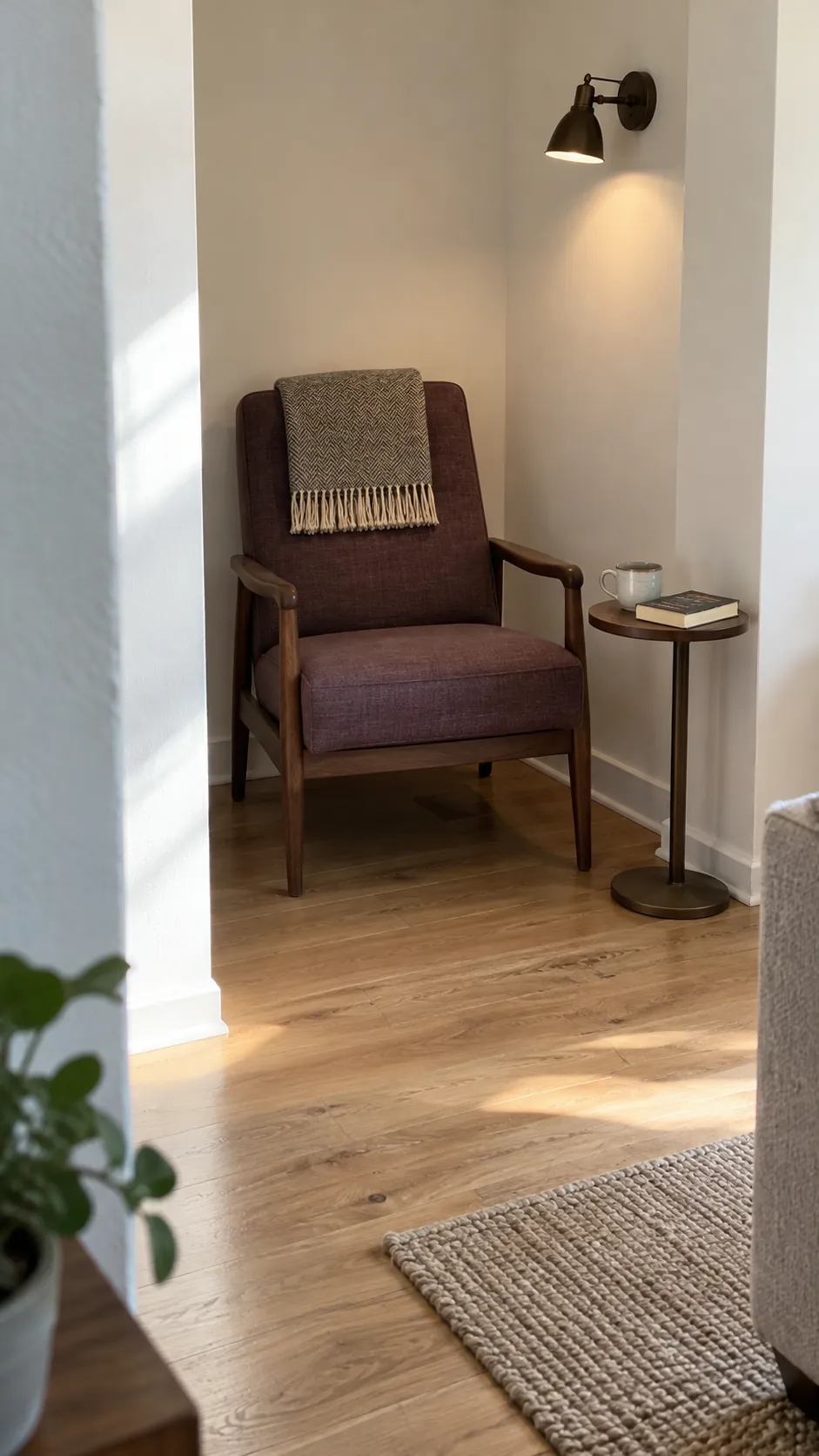 Narrow chair inside a shallow alcove in a small living room