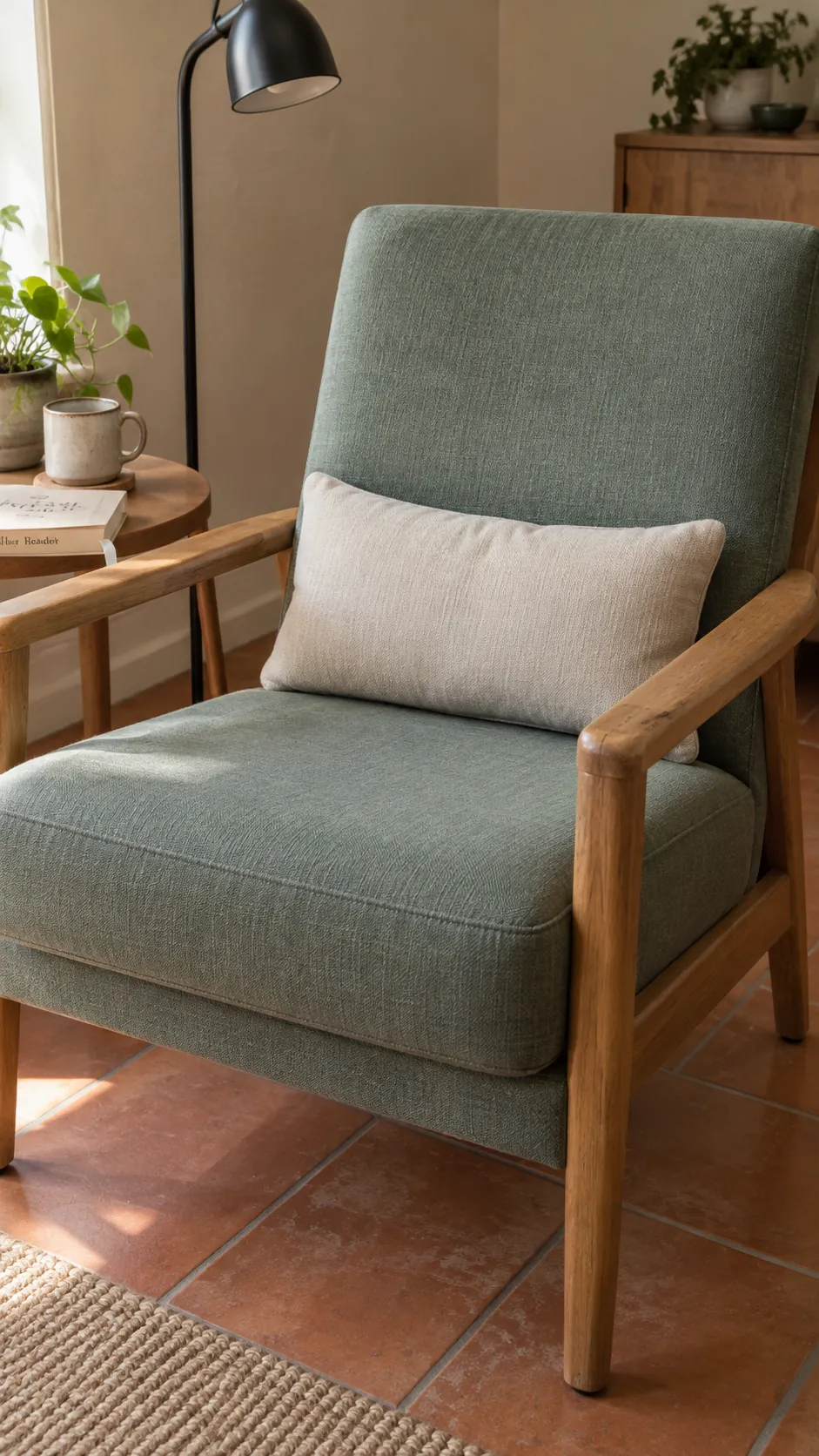 Firm chair with a lumbar cushion in a small living room