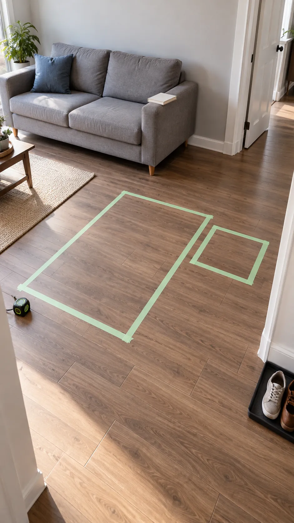 Taped chair and table footprints in a small living room