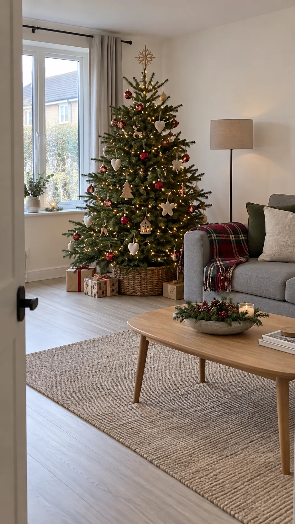 Collected ornaments and tartan textiles in a plain new build Christmas living room