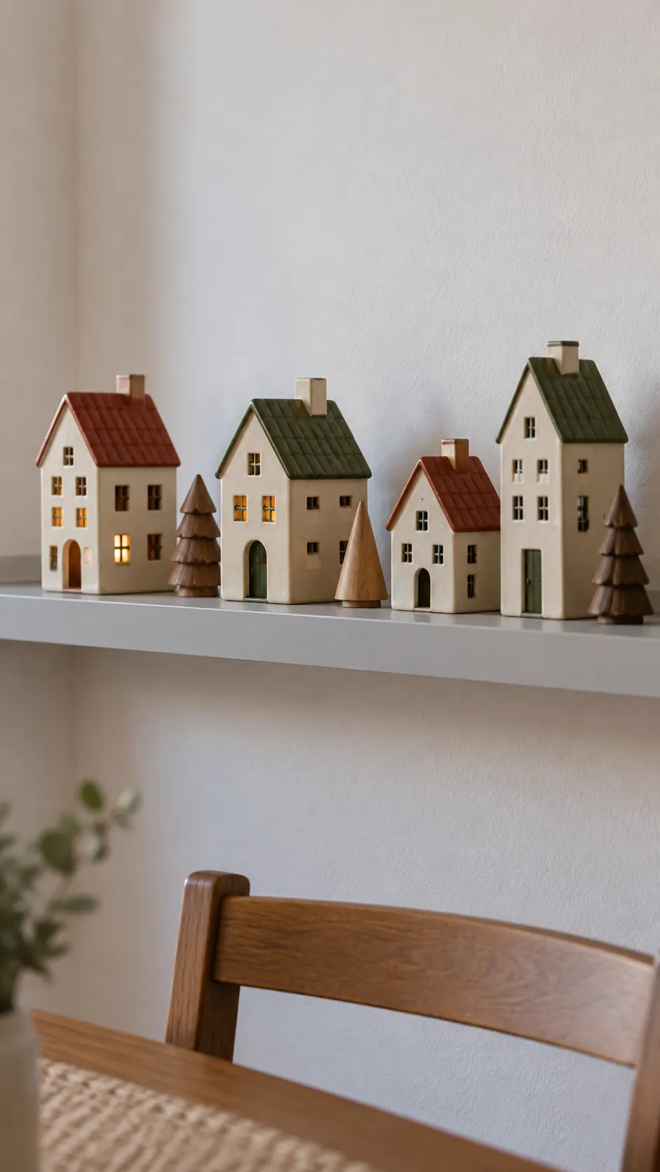 Set a Christmas village on a shallow shelf