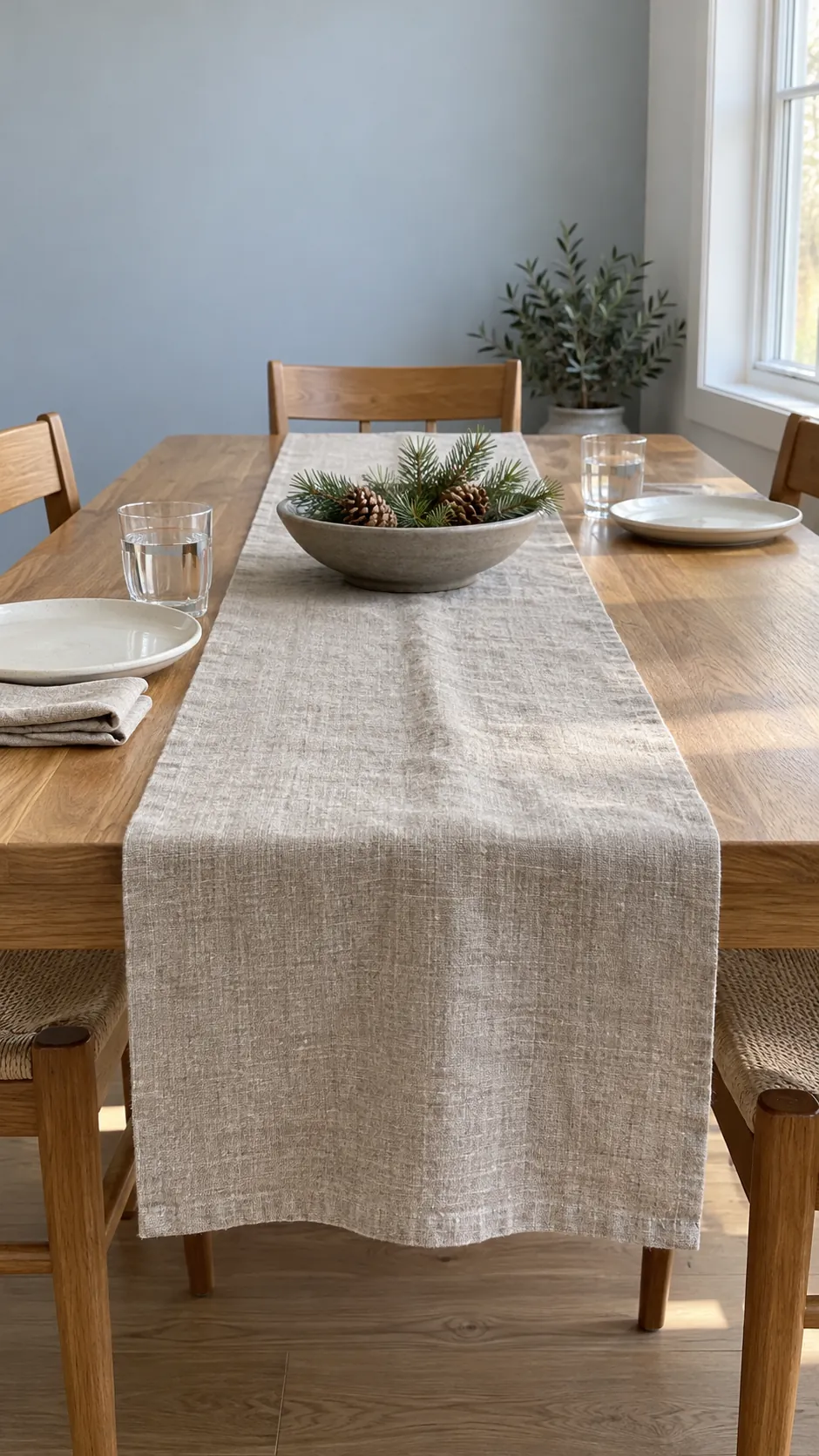 Layer a linen runner on the dining table