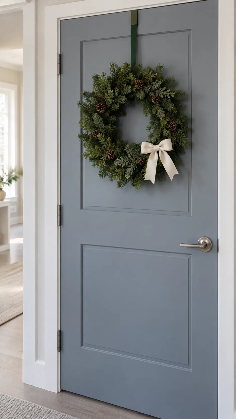 Show a wreath against an interior door
