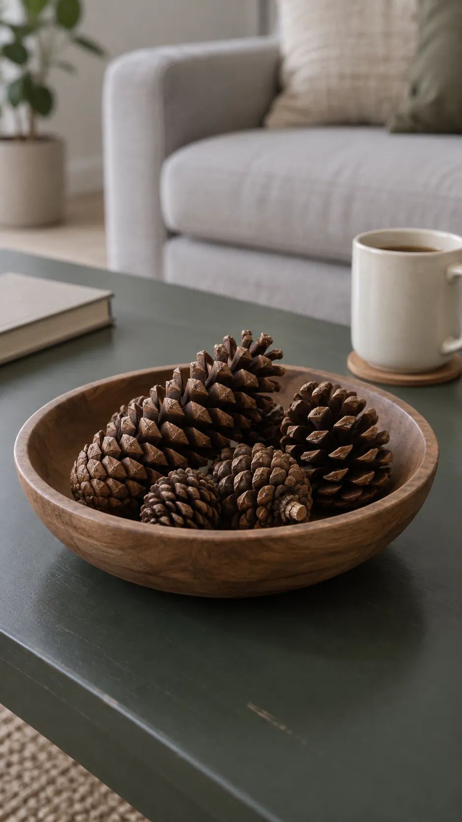 Arrange pinecones in a low wooden bowl