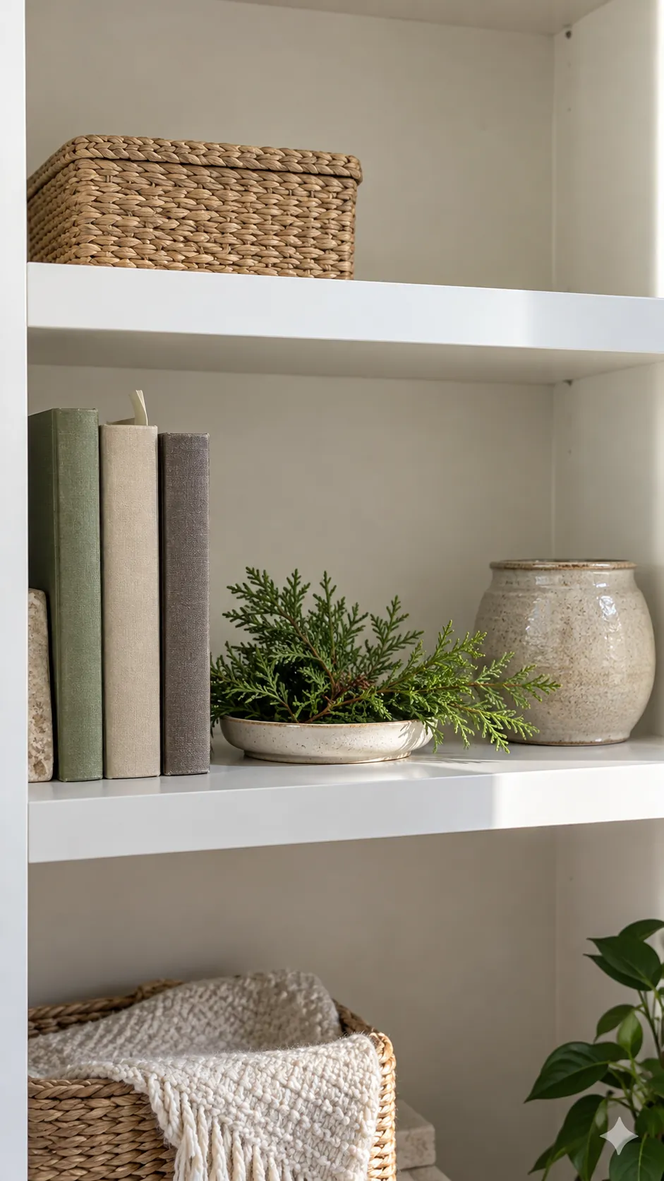 Give shelves small pockets of greenery