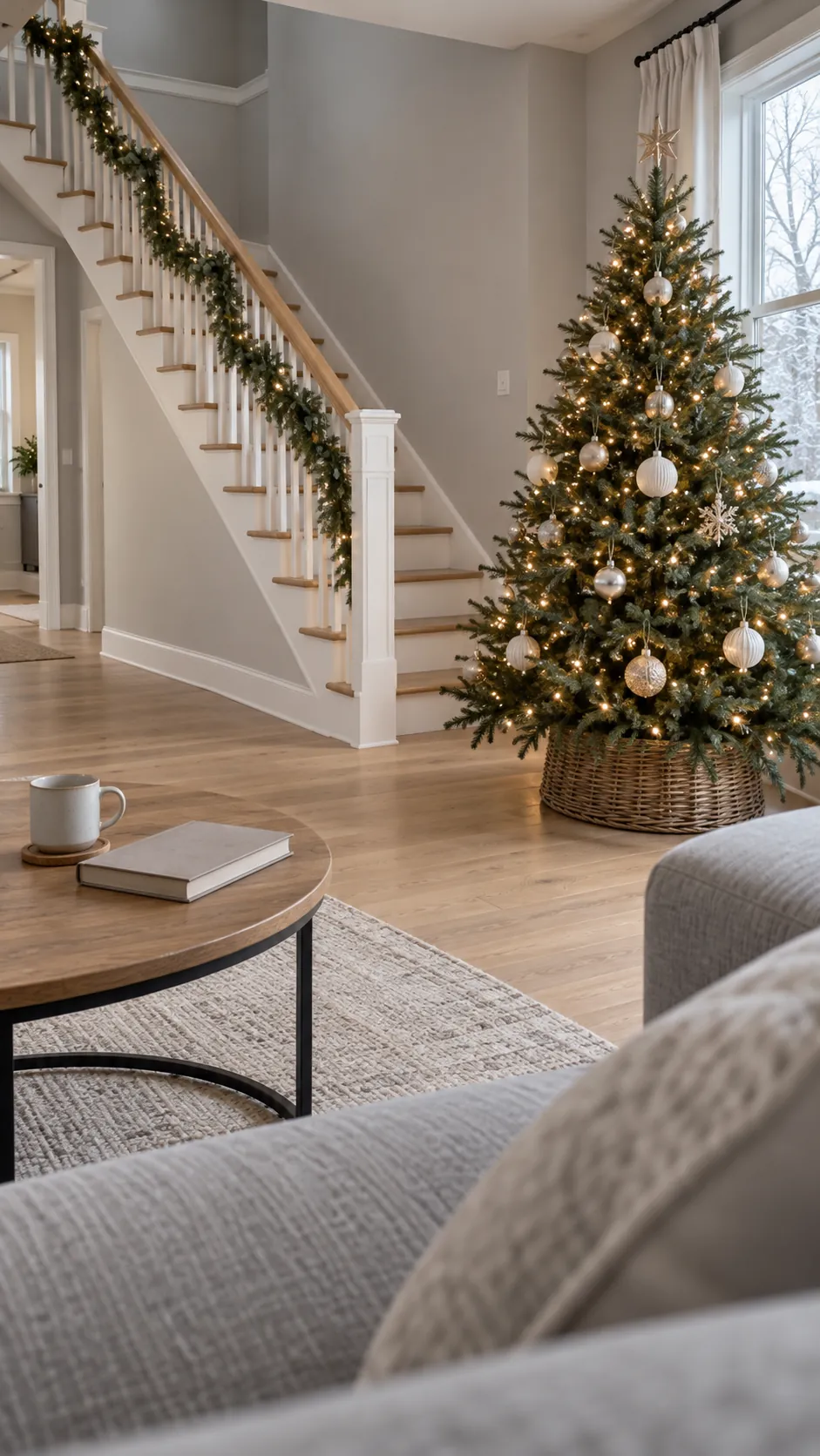 View from the sofa toward a tree and quieter stair garland