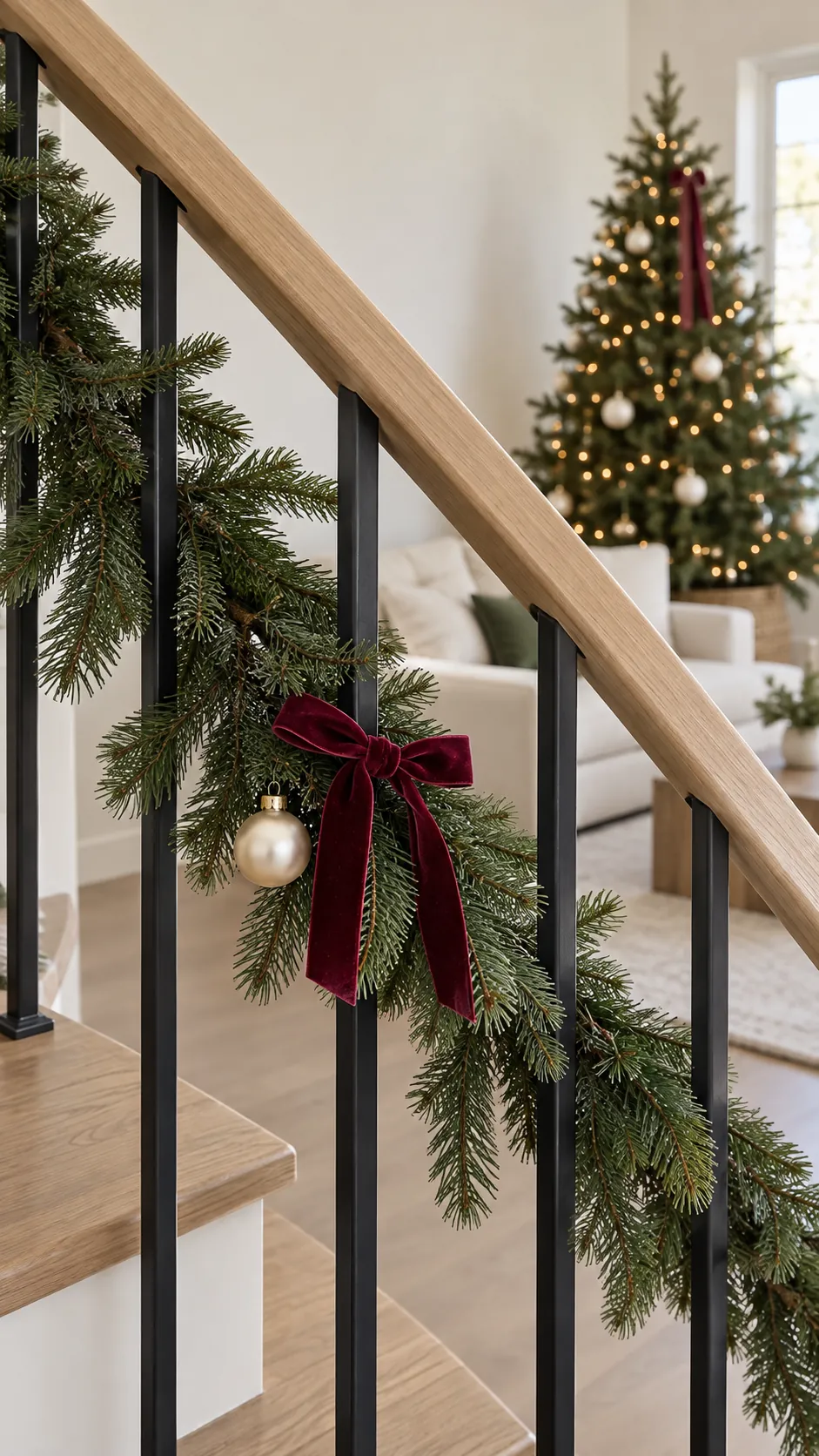 Burgundy ribbon connects a stair detail to the living room tree