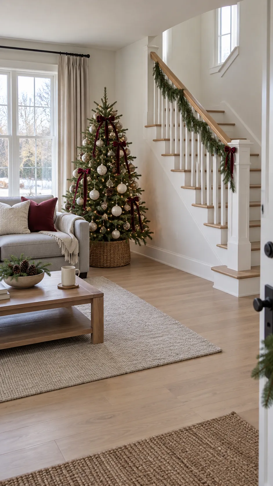 Coordinated Christmas tree and stair garland in an open living room