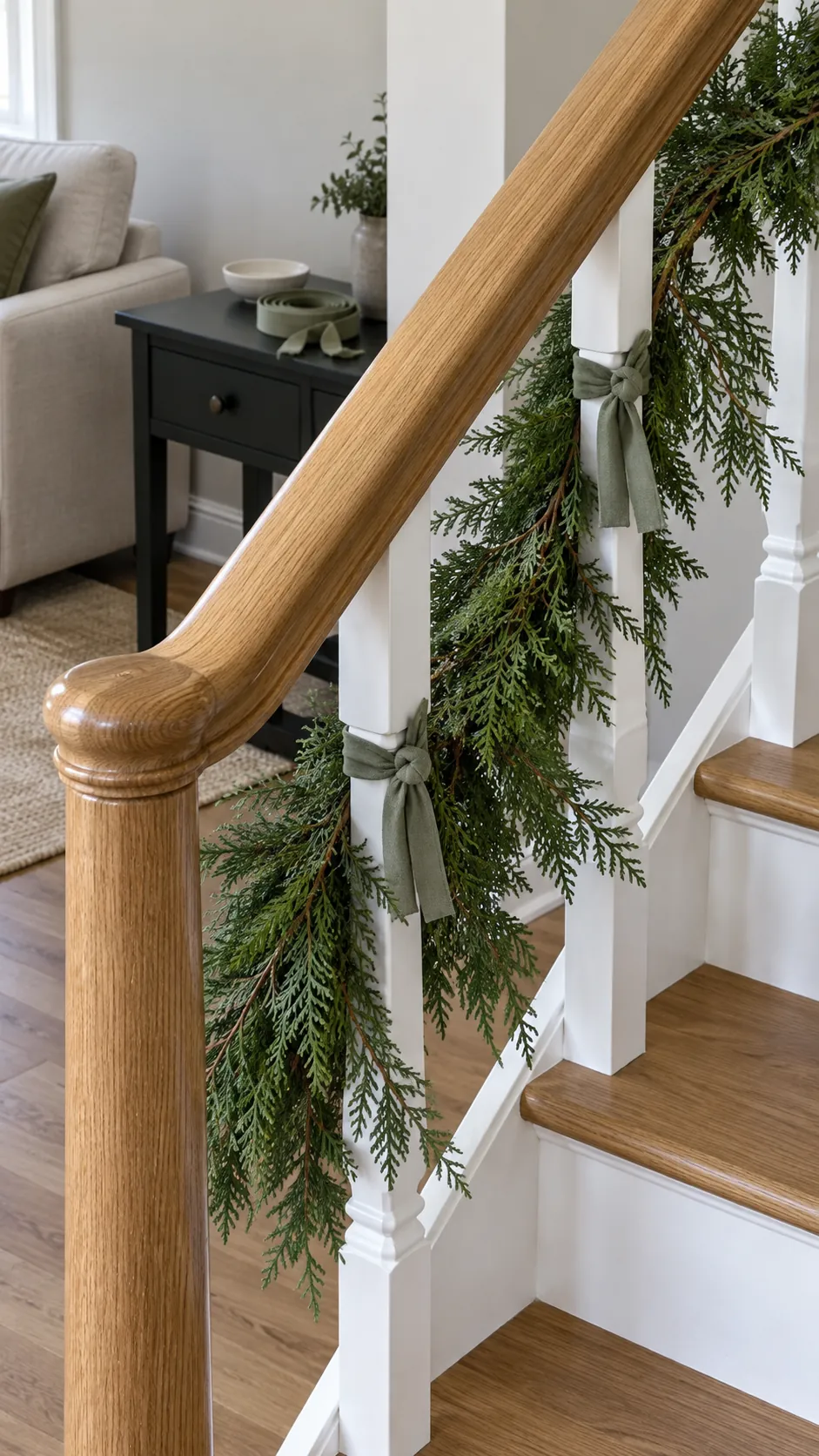 Soft ties secure cedar below a clear oak handrail