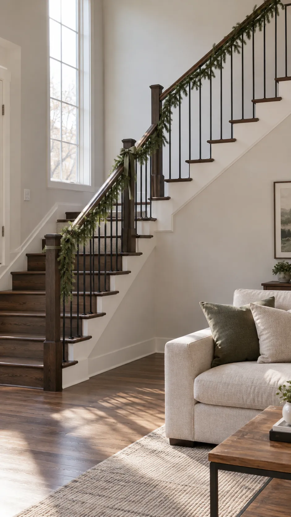 Slim garland follows a compact turning staircase