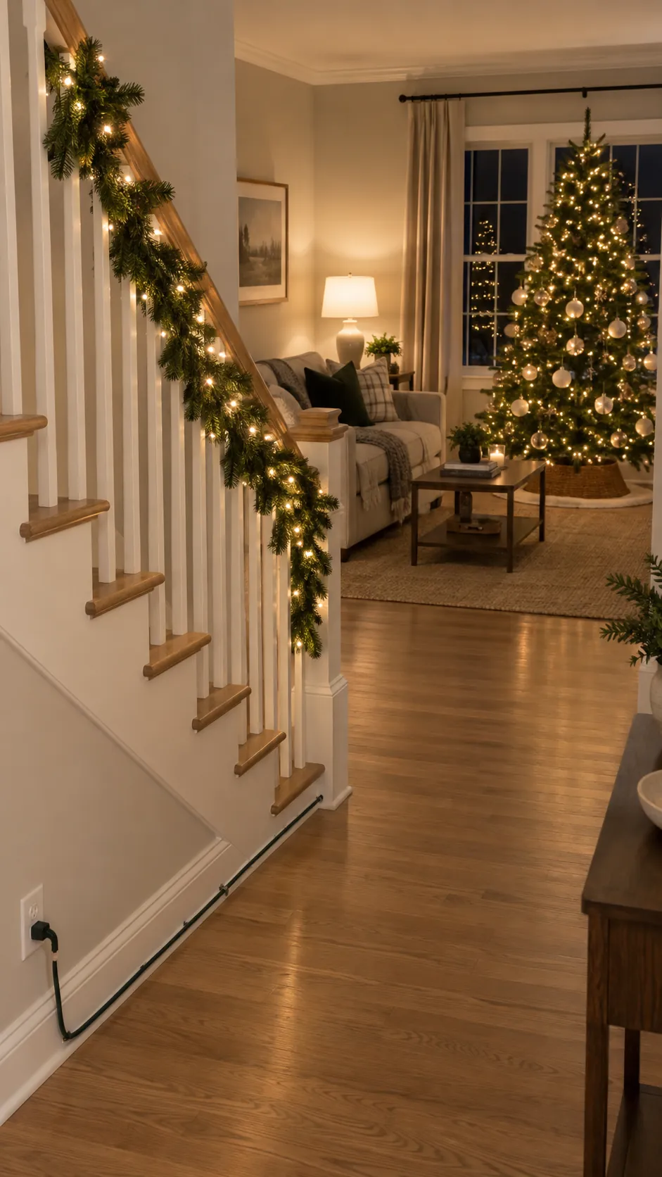 Warm white lights connect stairs and tree with a clear power route