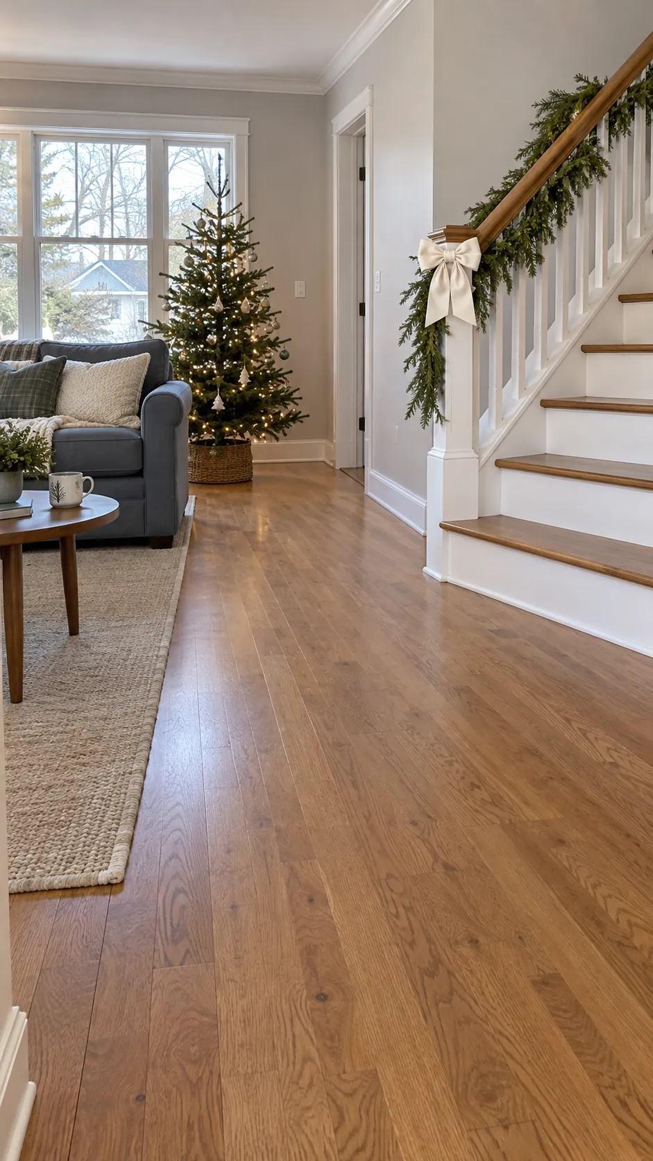 Clear living room route beside a lightly decorated staircase