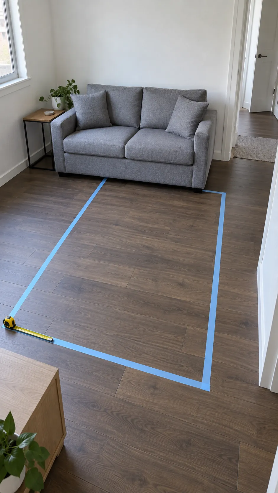 Small living room with a sofa bed footprint marked for a fit test