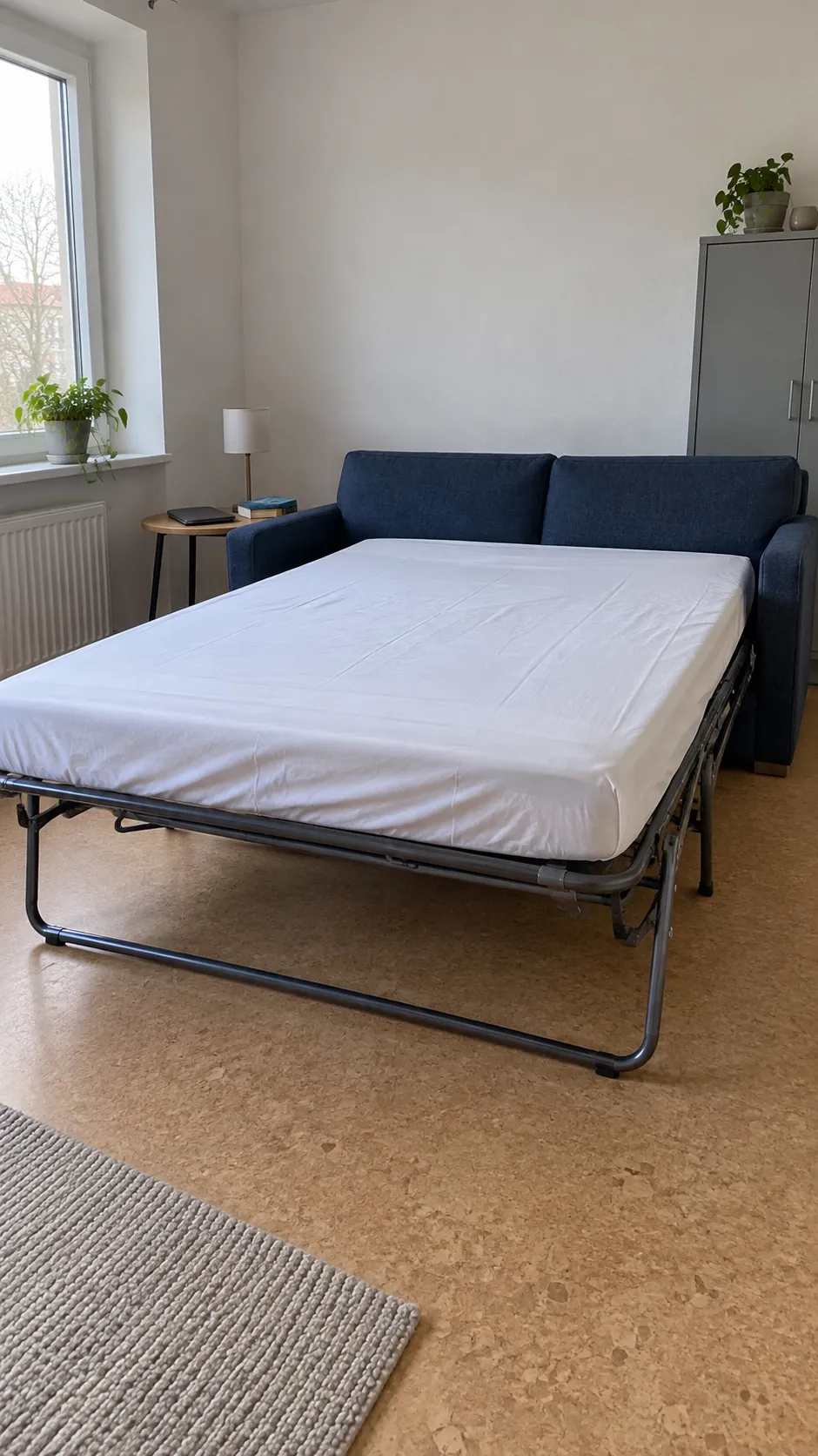 Separate mattress dimensions from the fully opened furniture envelope in a small living room