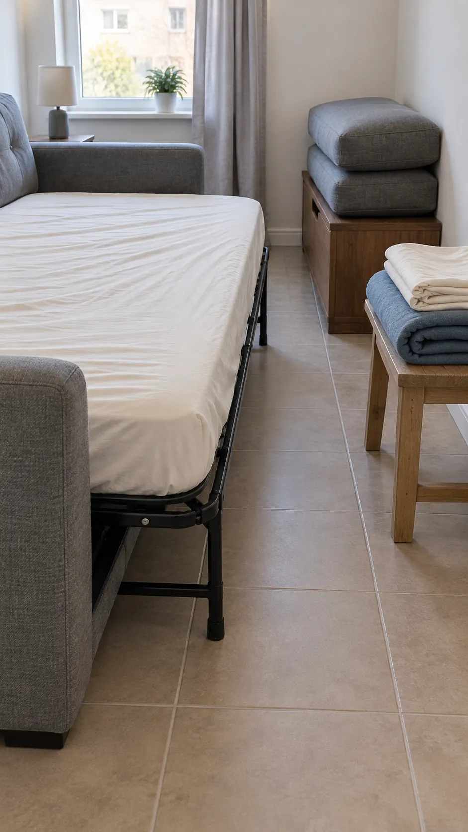 Keep a real side gap for bedding access and a safe place for removed cushions in a small living room